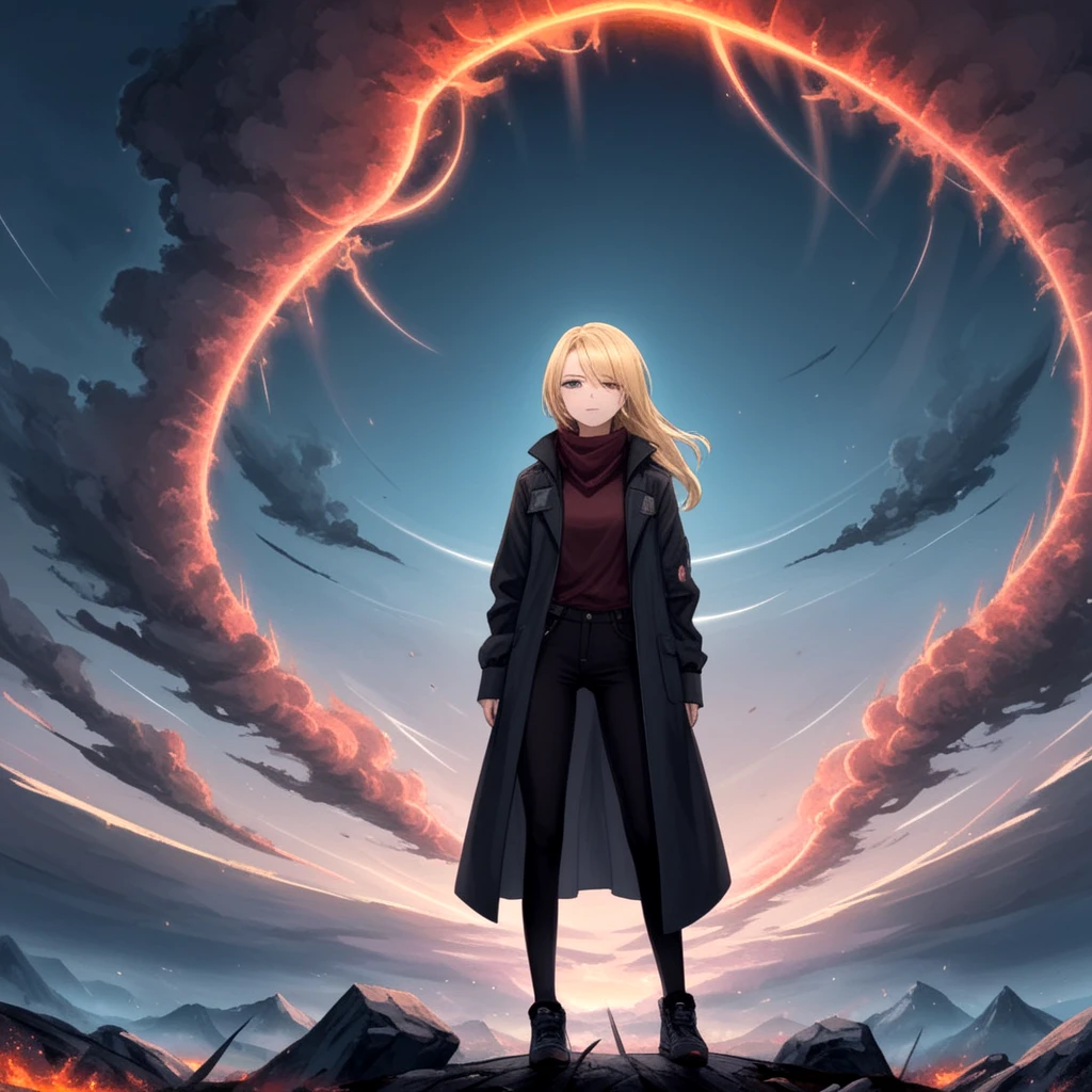 (2d anime style, thin lines, flat colors:1.4), (rule of thirds composition:1.55), woman, standing, solo, black coat, red pants, shoes, fractal sci-fi scene, roots, clouds, dark clouds, sky, braided hair, long blonde hair, face, cute, (lively eyes:1.1), detailed eyes, (masterpiece, cinematic lighting, unique, cold and calculated but sexy and attractive:0.4)