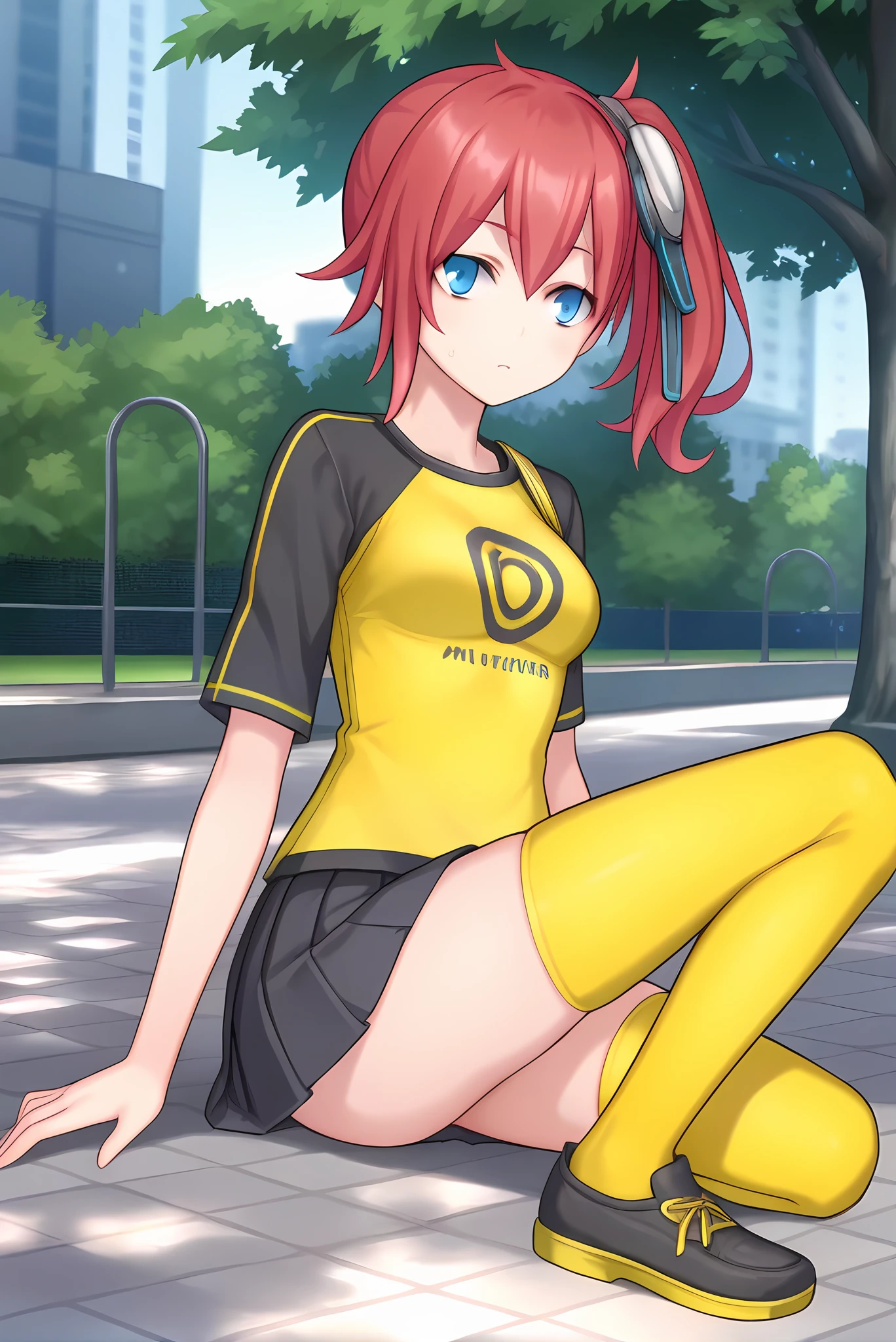 (yellow shirt black sleeves print shirt black skirt yellow thighhighs), dsc-ami, red hair, side ponytail, blue eyes, goggles on head, medium breasts, 1girl, solo, skinny, , score_9, score_8, score_7, source_anime, blush, park, (1.3::full body|sitting|standing|lying|0.6::close-up| :1.20), <lora:dsc-ami-cosine-V01-000003:0.80>