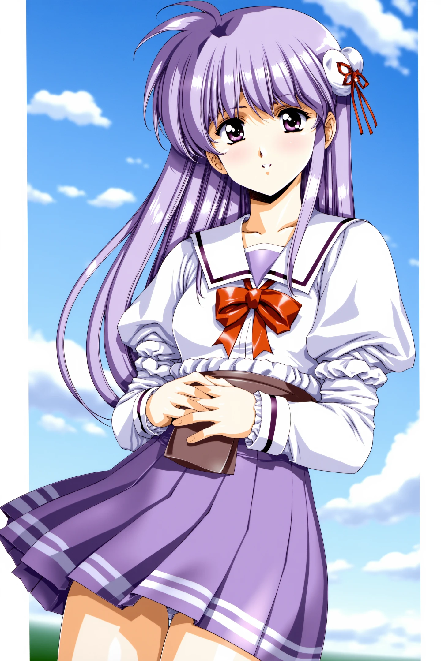 1girl,solo,skirt,long hair,hair ornament,holding,long sleeves,shirt,ribbon,pleated skirt,looking at viewer,cloud,puffy sleeves,hair bobbles,sky,school uniform,purple skirt,purple eyes,red ribbon,neck ribbon,purple hair,bangs,closed mouth,smile,white shirt,very long hair,cowboy shot,juliet sleeves,blush,bag,frills,v arms,sailor collar,blue sky,hair intakes,hair between eyes,holding bag,one side up,standing,layered sleeves,cloudy sky,day,low-tied long hair,sleeve cuffs,outdoors,antenna hair,
<lora:Urushihara Satoshi_FLUX:1.2>,