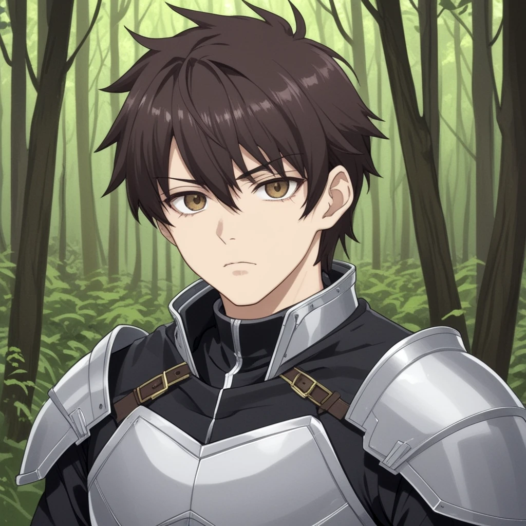 (2d anime style, thin lines, flat colors:1.5), strong man half body shot, wearing metal armor, brown eyes, grey-eyes, dense forest background