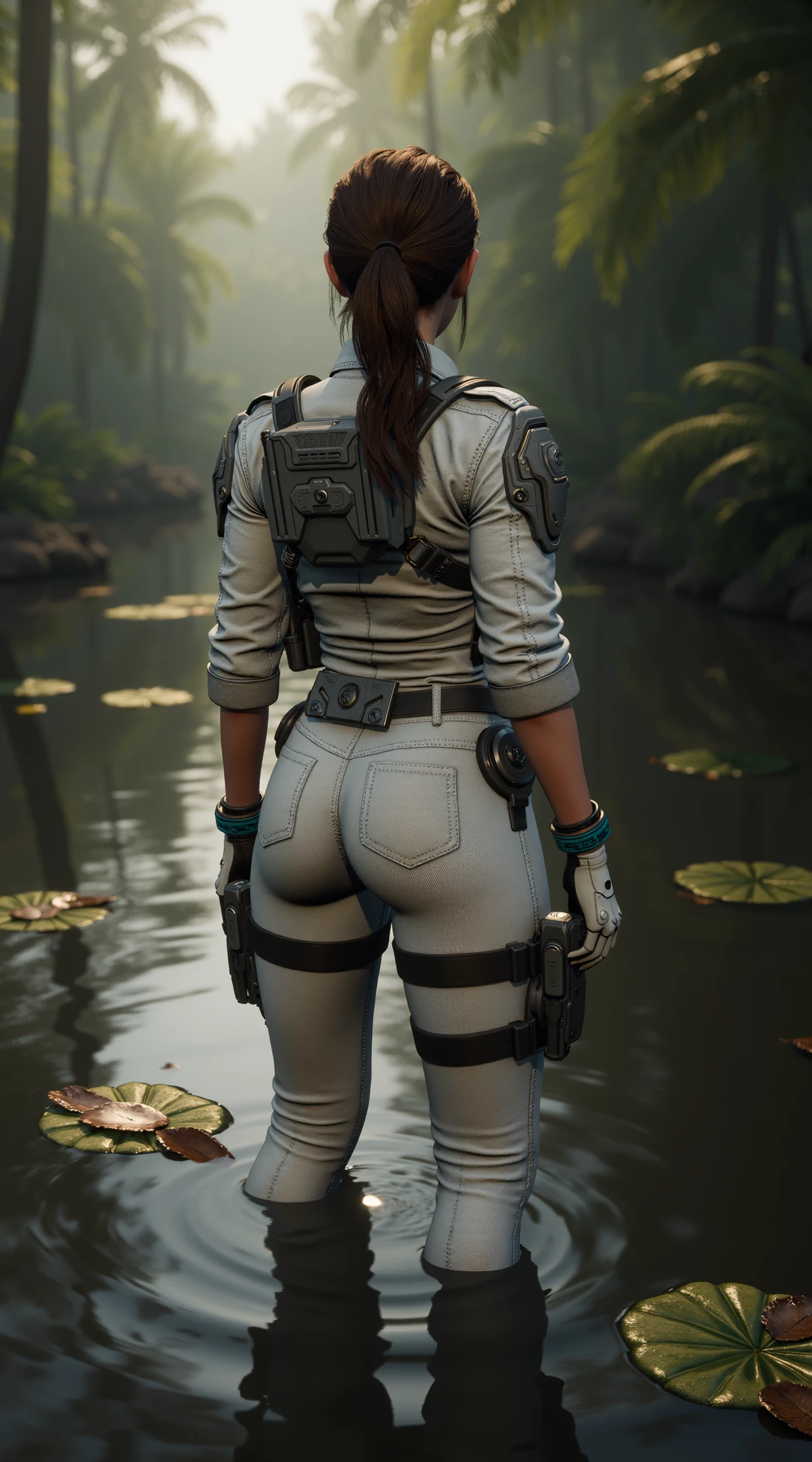 cinematic film still of TFD-Hailey-Default, a woman with brown hair tied back in a low short ponytail. She is standing in thigh-high swamp water in a tropical swamp. The surface of the water has floating pads and leaves. The sun is shining through the trees and the air is humid and hazy. Her back is towards the viewer.
She is dressed in a form-fitting, white, high-tech military outfit with a futuristic tactical design. The suit has jacket. The jacket features shoulder pads and multiple pockets. The suit is paired with matching white pants that have a slight sheen, indicating a synthetic material. The suit features a high-waisted design that accentuates her hips and thighs and round buttocks.
The character is accessorized with several gadgets and devices. On her left wrist, she has a blue and black wristband. Additionally, she has a utility belt with various tools and equipment attached to it. She has white gloves, adding to the high-tech theme. 
<lora:TFD-Hailey-Default:0.7>