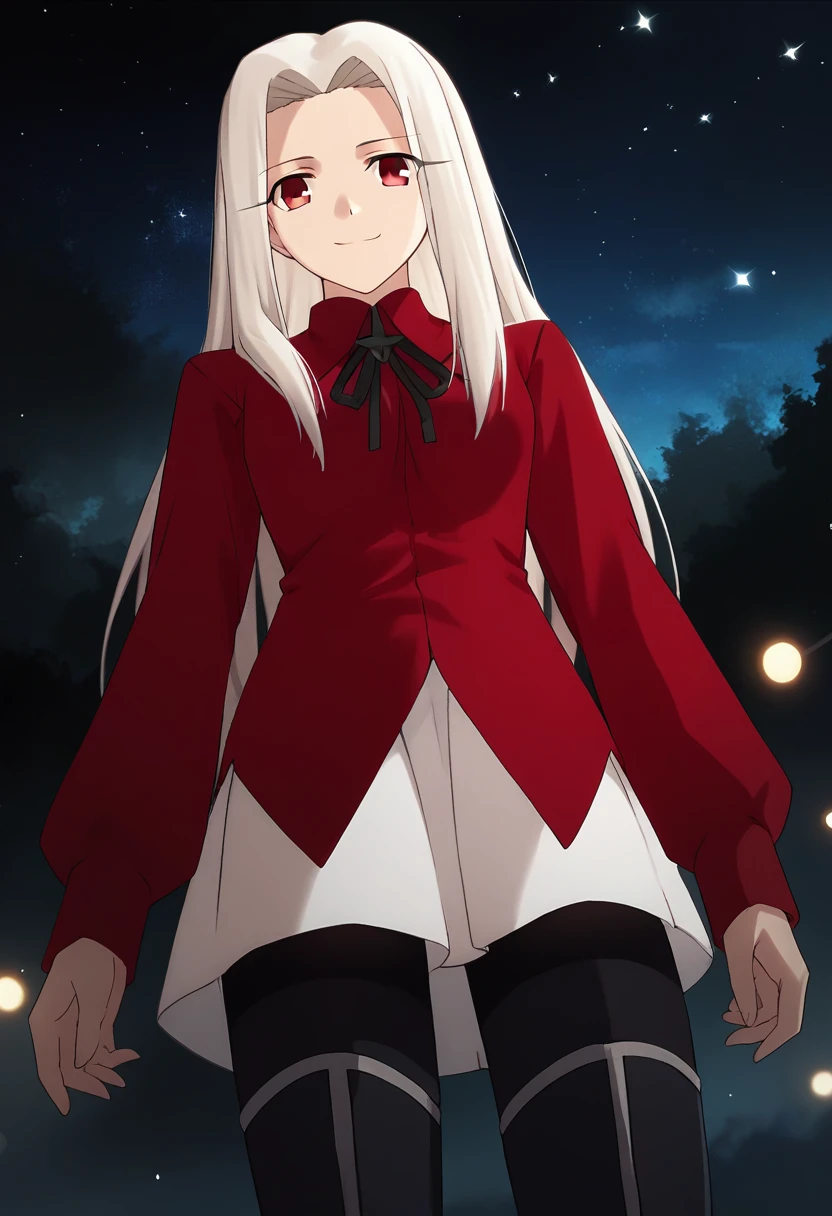 score_9, score_8_up, score_7_up, source_anime , <lora:Irisviel von Einzbern pony2:0.8>, , irisviel von einzbern, white skirt, red shirt, shirt, long sleeves, 1girl, solo, long hair, red eyes, white hair, thigh boots, pantyhose, thighhighs, skirt, boots, smile, looking at viewer, night, starry sky,  bottom view, black fog, smile, northern lights, upper body