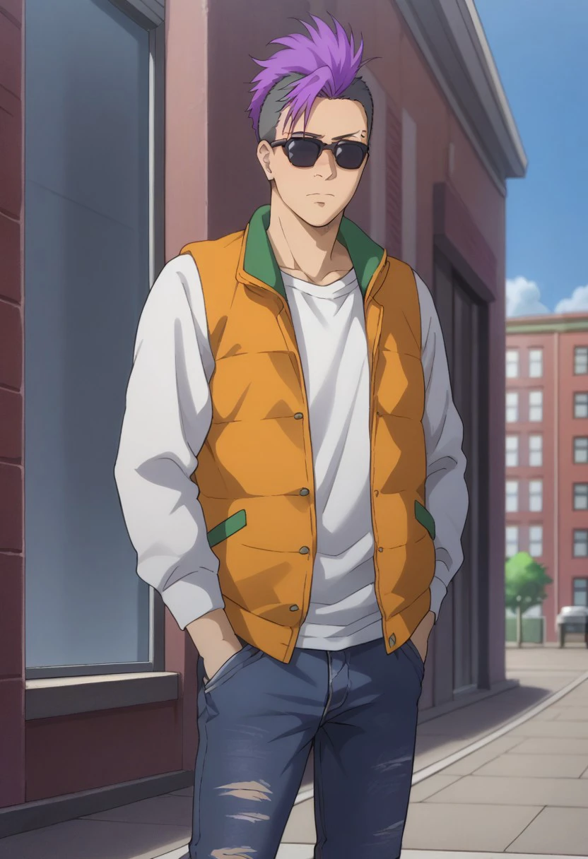 score_9, score_8_up, score_7_up, source_anime, highly detailed, 
wong, 1boy, male focus, solo, hands in pockets, pants, purple hair, torn pants, multicolored hair, torn clothes,  sunglasses, two-tone hair, undercut, standing, denim, jacket, jeans,
vest, looking at viewer, closed mouth, mohawk,
outdoor, buildings, sky, clouds,