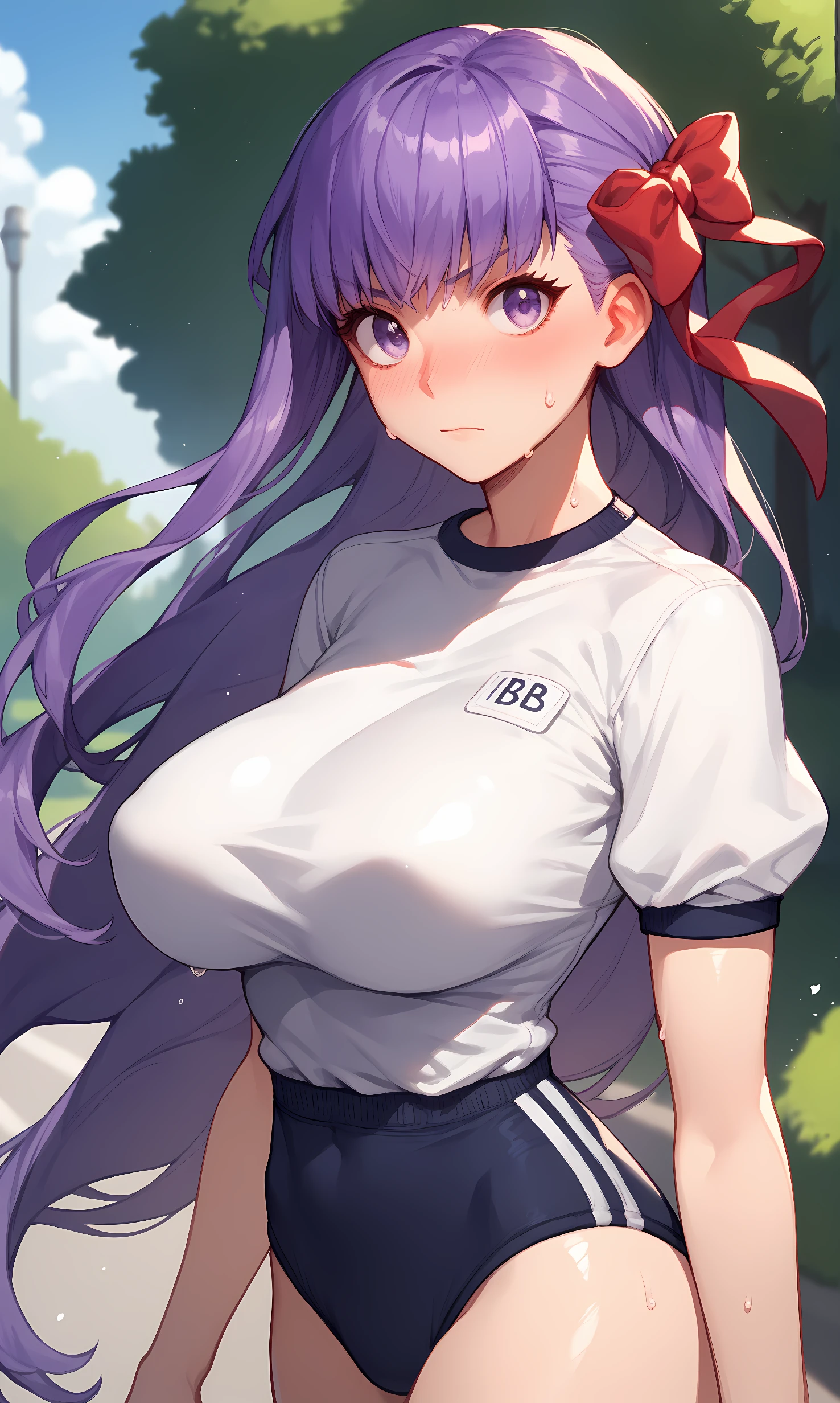 score_9, score_8_up, score_7_up, BREAK source_anime, 1girl, solo, outdoors, park, cowboy shot, standing, looking at viewer, shiny skin, bb, purple eyes, purple hair, long hair, bangs, red bow, hair bow, white shirt, short sleeves, gym uniform, buruma, sweat, nose blush 