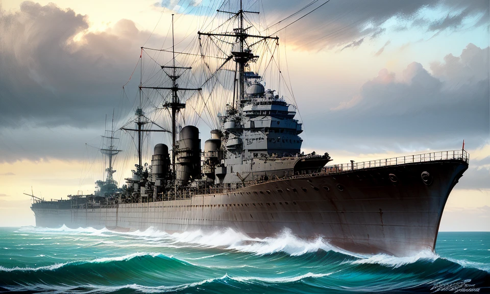 (turret:1.2),battleship, ocean watercraft, world war ii, photorealistic, no humans, ship, warship, military vehicle, military, ocean, battleship,solo vehicle focus, smokestack, <lora:waterlineship_boxart_V04:1> <lora:Modelaging_last:1.2>, oil painting, textured, layered, rich, classic, depth,timeless, soft, pastel colors, delicate, impressionistic, dreamy, feminine, airy, light, divine glowing, very detailed, cinematic, color, saturated, dramatic, background, illuminated, extremely beautiful, striking, romantic, pure, complex, glorious