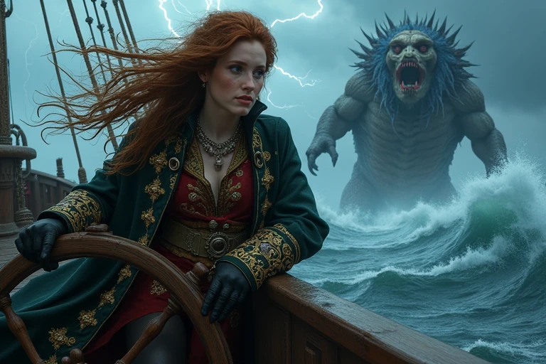 JudithHoagTMNTApril, a young JudithHoagTMNTApril woman with long red hair, dreadlocks hairstyle. On the deck of a storm-tossed pirate ship, as a pirate captain gripping the wheel with determination. Her ornate coat flaps wildly, adorned with gold buttons and intricate embroidery. Lightning illuminates the roiling seas and the looming silhouette of a massive sea monster in pursuit. <lora:JudithHoag_TMNTApril_Flux:1>