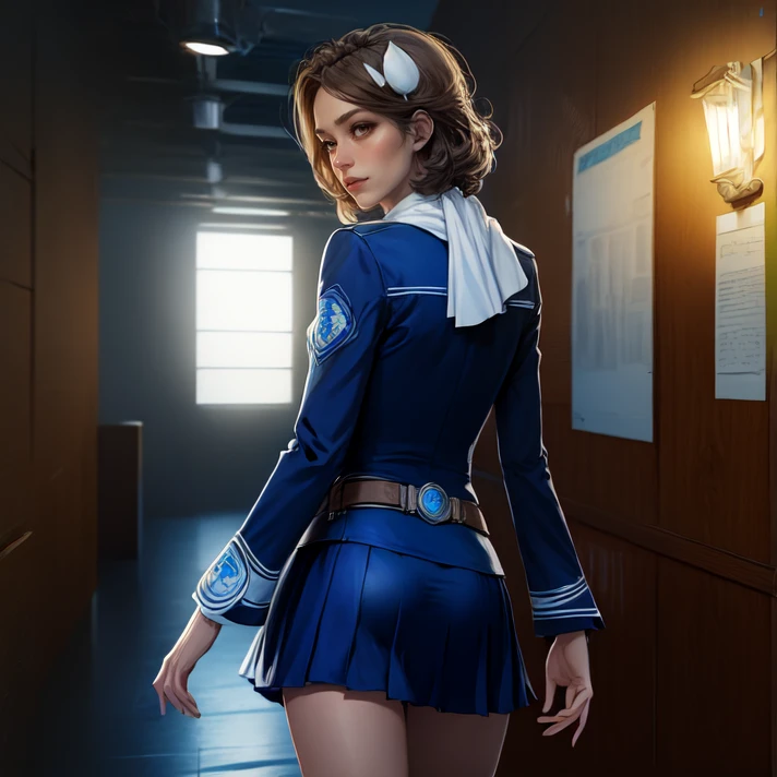 solo, cowboy shot, <lora:yokoTachibana:0.8> yoko_tachibana, brown hair, short hair, hair ornament, brown eyes, scarf, ascot, white scarf, uniform, blue uniform, long sleeves, bracelet, belt, skirt, blue skirt, miniskirt, pleated skirt, knee boots, indoors, standing, from behind, looking back, masterpiece, best quality, absurdres, highres, 4k, ray tracing, perfect face, perfect eyes, intricate details, highly detailed, <lora:goodHandsVer2betaStr1+:1> nice hands, perfect hands,
