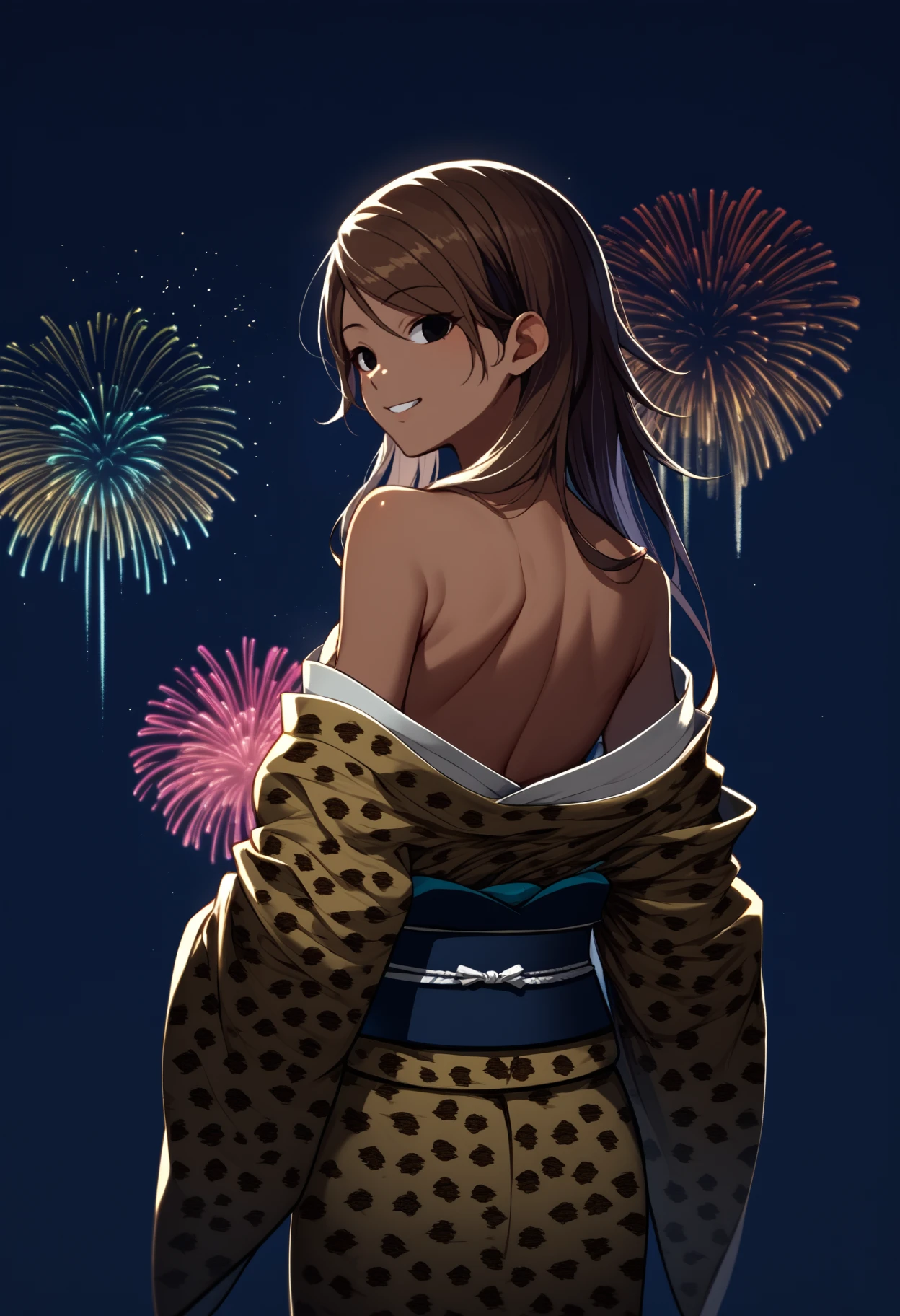 score_9, score_8_up, score_7_up, source_anime, <break> from behind, solo, 1girl, izumi mei, dark-skinned female, tan, smile, looking back, long hair, black eyes, japanese clothes, print kimono, leopard print, off shoulder, bare shoulders, fireworks
<segment:yolo-face_yolov8m.pt,0.4,0.5//cid=1>