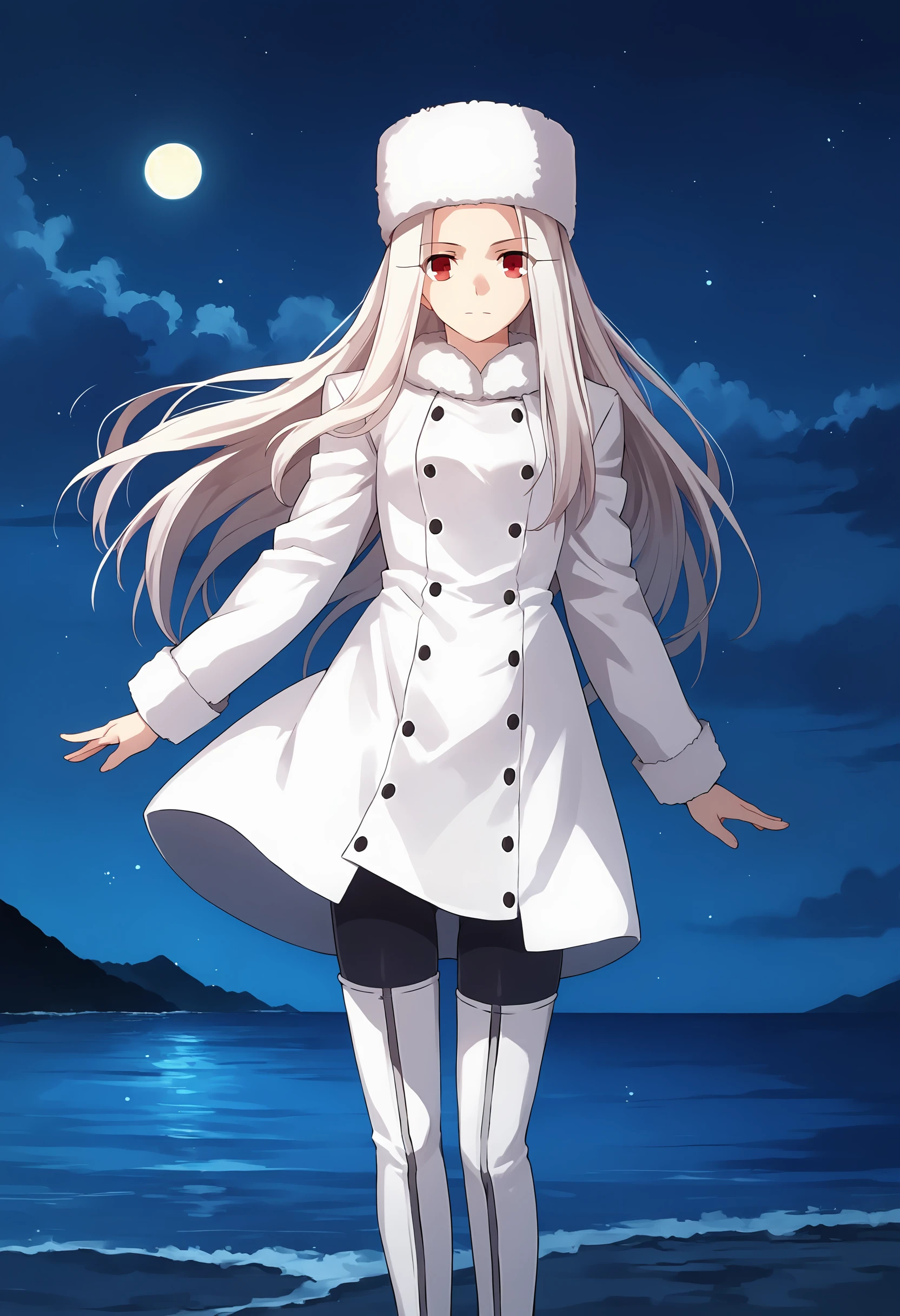 score_9, score_8_up, score_7_up, source_anime , <lora:Irisviel von Einzbern pony2:0.8>, irisviel von einzbern, 1girl, solo, thigh boots, boots, hat, red eyes, thighhighs, long hair, white hair, fur hat, white footwear, pantyhose, coat, white coat, cowboy shot, standing, night, ocean, night sky,