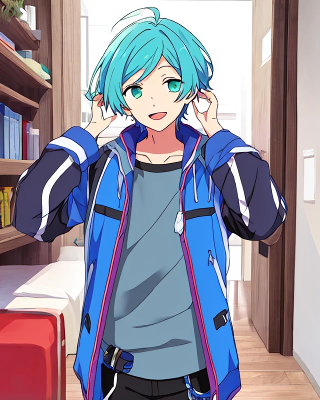 shinkai kanata, solo, aqua hair, 1boy <lora:KanataSD15-06:0.7>