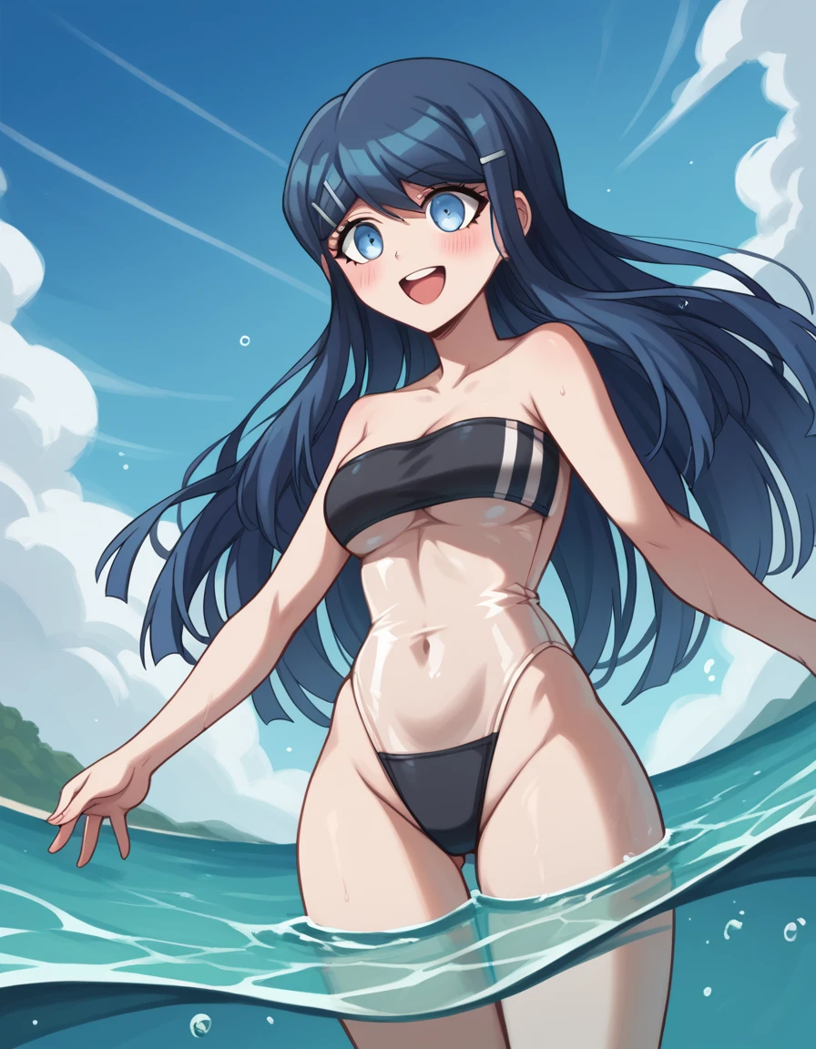 score_9, score_8_up, score_7_up, source_anime, <lora:sayaka-maizono-s1-ponyxl-lora-nochekaiser:1>, sayaka maizono, long hair, bangs, blue eyes, hair ornament, blue hair, hairclip,, <lora:gris-swimsuit-ponyxl-lora-nochekaiser:1>, gris swimsuit, see-through one-piece swimsuit, strapless one-piece swimsuit, double verticle stripe, highleg swimsuit, covered navel, see-through, strapless, underboob,, outdoors, beach, submerged, water, blush, smile, open mouth, , cowboy shot, dutch angle