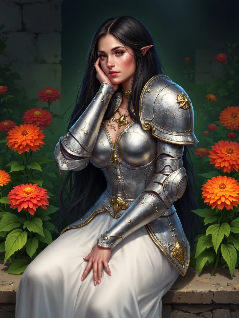 krrat style, digital illustration, portrayal of a female figure in a garden setting. She is adorned in ornate silver armor with intricate designs complemented by a flowing white dress. Her long dark hair cascades down her back and she is depicted in a contemplative pose resting her head on her hand. The garden is lush with vibrant orange and red flowers and the background is a blend of green foliage and a hint of a stone wall. The color palette is rich and warm with the metallic sheen of her armor contrasting against the bright hues of the flowers and the earthy tones of the garden <lora:sxz-Krrat-Flux:1>