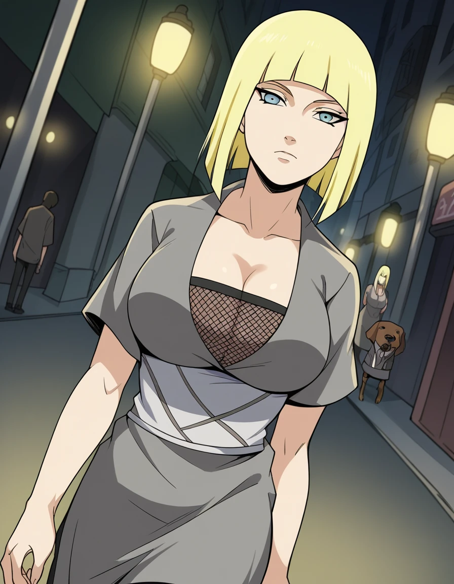 score_9, score_8_up, score_7_up, source_anime, <lora:samui-shippuden-anime-ponyxl-lora-nochekaiser:1>, samui, blue eyes, blonde hair, short hair, bangs, blunt bangs, large breasts,, cleavage, fishnets, dress, grey dress, skirt, grey skirt,, city street, evening, streetlights, walking dog, quiet neighborhood, gentle breeze, , looking at viewer, arm bent at elbow, solo,, cowboy shot, dutch angle