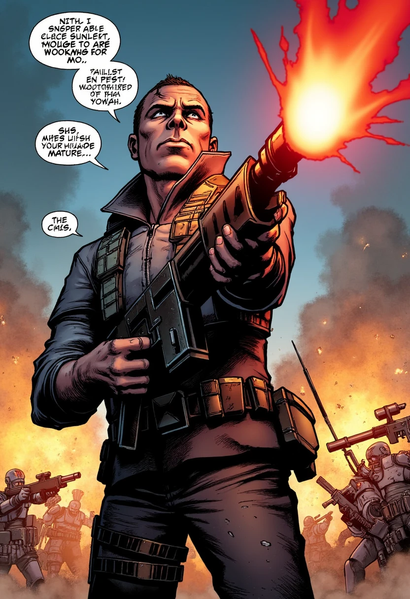 In a comic book style, imagine an Imperial Guard soldier standing firm amidst an intense battlefield, his lasgun raised and firing a searing red beam toward the enemy. Bold action lines emphasize the crackling energy of the lasgun as it fires. His face is set in determination, with sweat dripping down his dirt-streaked forehead. Behind him, smoke and explosions fill the sky, while speech bubbles and sound effects capture the deafening roar of battle.