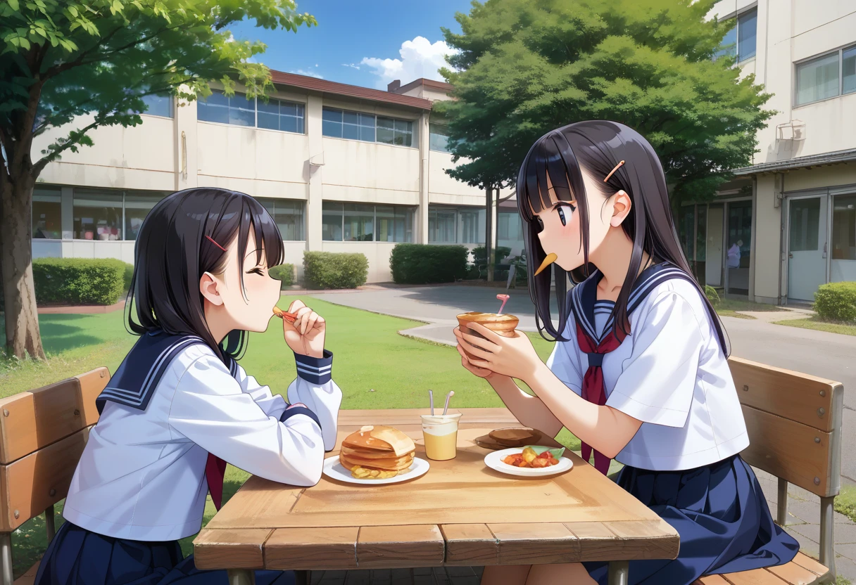 score_9, score_8_up, score_7_up, rating_safe, masterpiece, best quality, absurdres, unity 8k wallpaper, official art, official style, source_anime, uncensored, game cg, megami magazine,
nakaniwa, multiple girls, school uniform, tree, black hair, serafuku, outdoors, skirt, table, sitting, sailor collar, eating, food, day, building, cup
 <lora:gakkou_nakaniwa_PONY_V1:1>