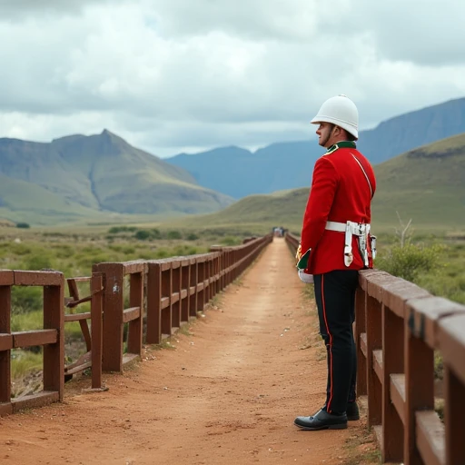 imagine a photograph of a welsh guard officer in red jacket and white pithe helmet standing to attention on a bridge in the south african veldt