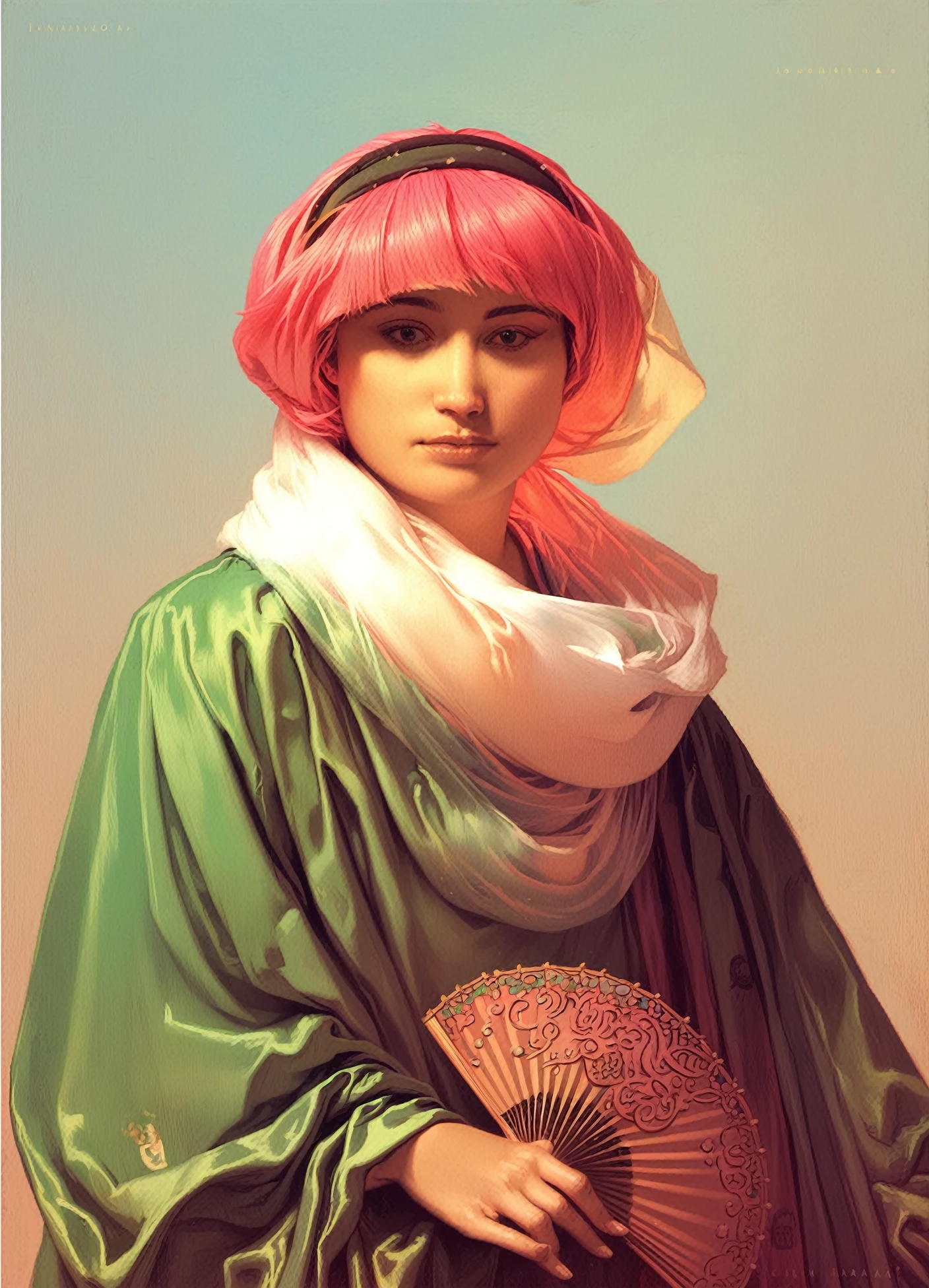 <lora:jean-leon-gerome_pony_v1:1>  'woman of constantinople' by gerome jean-leon in,portrait \(genre\),orientalism \(style\),female-portraits,lady, <lora:Stephanie_LazyTown_ClipArt_PXL_Leaf2:1> stephanie, pink hair, hairband a green robe and a white headscarf. she is holding a fan in her hand, score_9, score_6_up, score_7_up