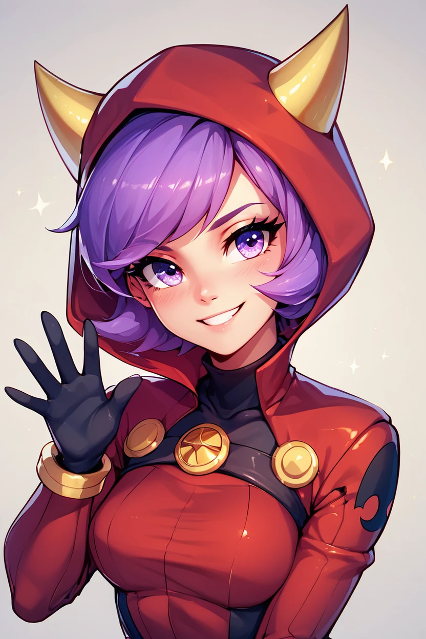 score_9, score_8_up, score_8, medium breasts, (curvy), cute, eyelashes,       BREAK, , zzCourtney, purple hair, short hair, purple eyes, red hood, fake horns, gloves, team magma uniform, <lora:Courtney_Pokemon_PDXL_Citron:1.0>, , BREAK, looking at viewer,  smile, waving, upper body, leaning forward, head tilt,  embedding:zPDXL, Expressiveh, <lora:CatalystStylePDXL:0.6>,  <lora:SDXLFaeTastic2400:0.5>,  <lora:Expressive_H-000001:0.4>,