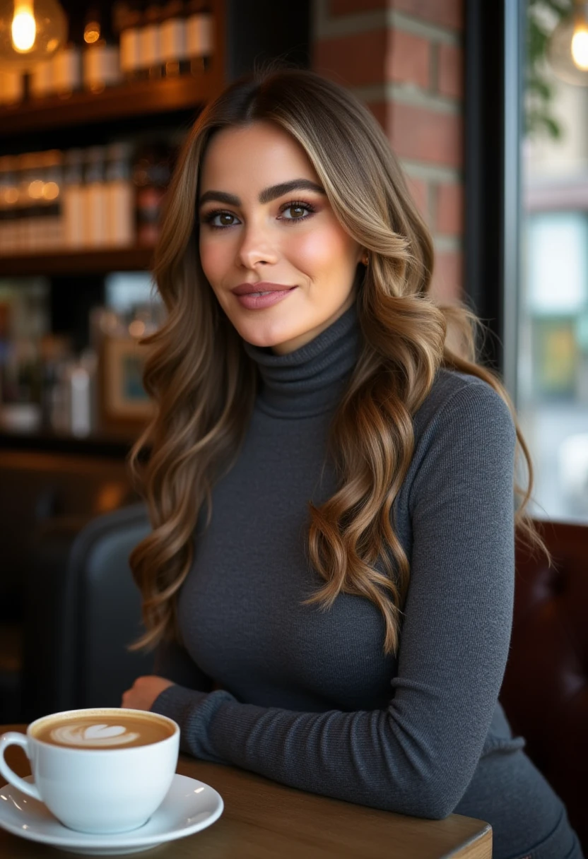<lora:Sofia_Vergara_Flux:1>, realistic photo of sofiavergara,  breasts, wearing a turtleneck fitted sweater dress in a cafe having a coffee. looking at the viewer, smiling