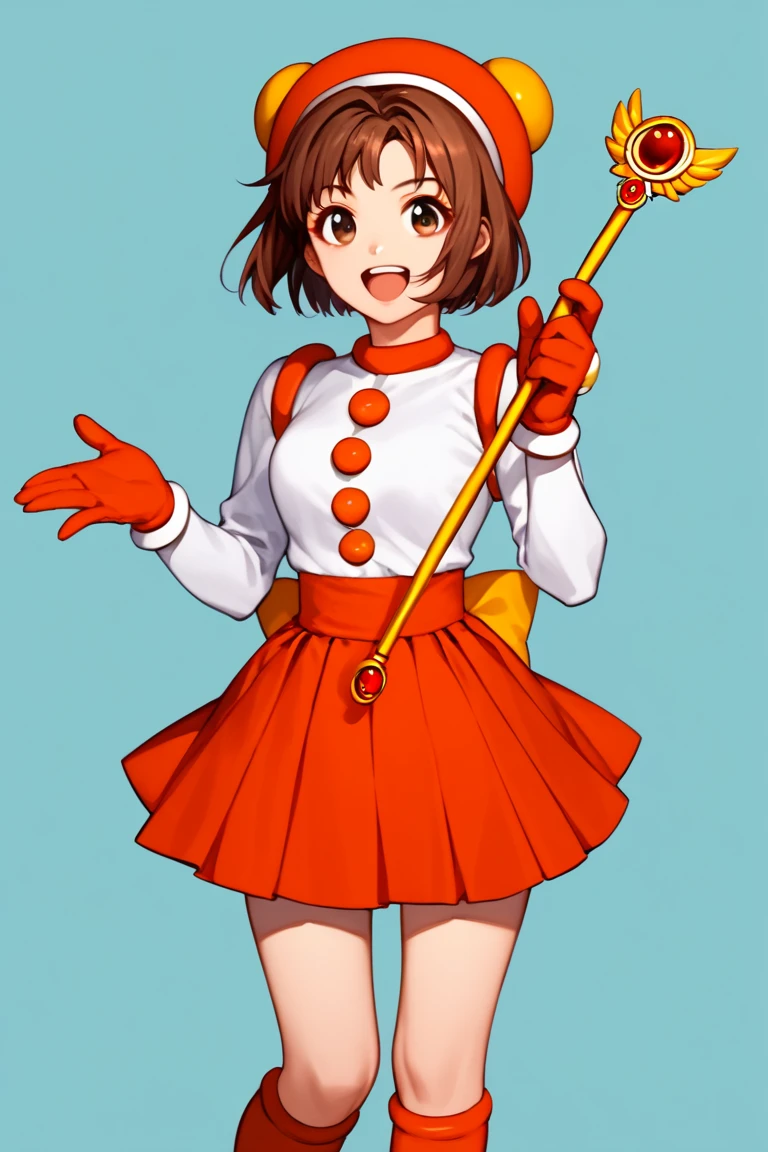 score 9, score 8 up, score 7 up, clarahananokouji, 1girl, solo, smile, short hair, skirt, brown hair, shirt, gloves, long sleeves, hat, bow, holding, brown eyes, open mouth, white shirt, cowboy shot, red skirt, magical girl, red gloves, wand, holding wand