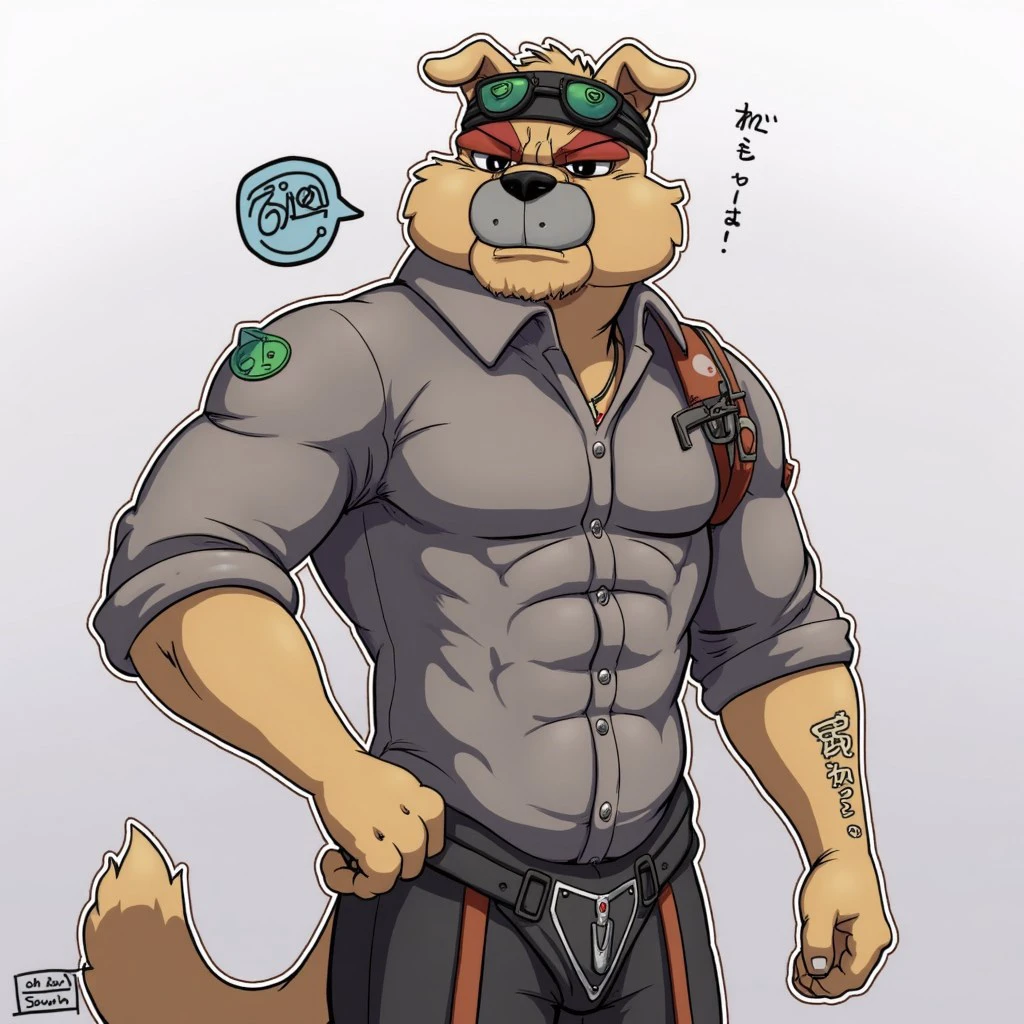 dribble_(warioware), solo, male, furry, warioware artstyle, dog boy, mechanic outfit, undressing