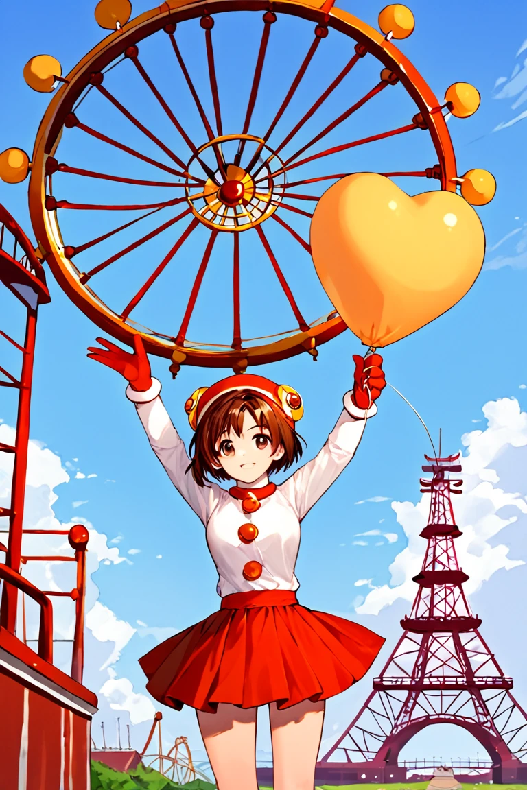 score 9, score 8 up, score 7 up, clarahananokouji, 1girl, solo, short hair, skirt, brown hair, shirt, gloves, long sleeves, hat, bow, brown eyes, white shirt, red skirt, magical girl, red gloves, outdoors, ferris wheel, holding balloon