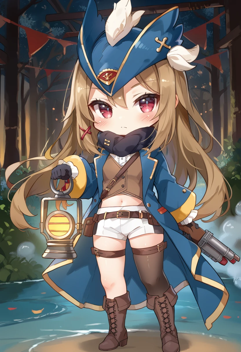 (score_9:0.9),score_8_up,score_7_up,rating_safe,anime style,(zPDXL),(zPDXL3),<lora:Azur Lane Hunter ponyXL v1:0.76>,alhunter,1girl,solo,chibi,blue tricorne,holding antique firearm,white short shorts,brown knee boots,single black thighhigh,black gloves,looking at viewer,full body,open clothes,blush,navel,standing,closed mouth,holding lantern,antique firearm,blue coat,red x hair ornament,black scarf,dual wielding,