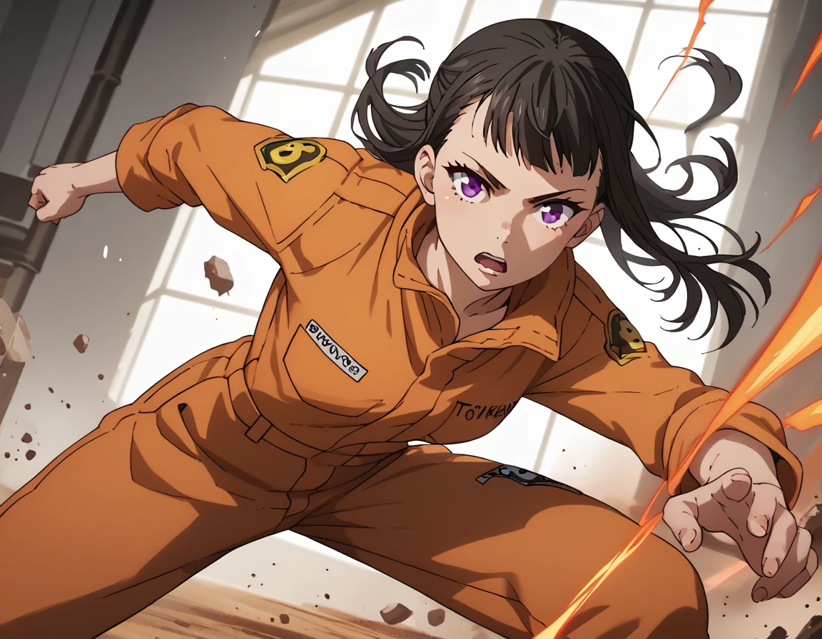 score_9, score_8_up, score_7_up, score_6_up, score_5_up, score_4_up, source_anime   <lora:FireForce:1>, dynamic pose, action shot, ,   Maki, long hair, black hair, purple eyes,  orange jumpsuit,