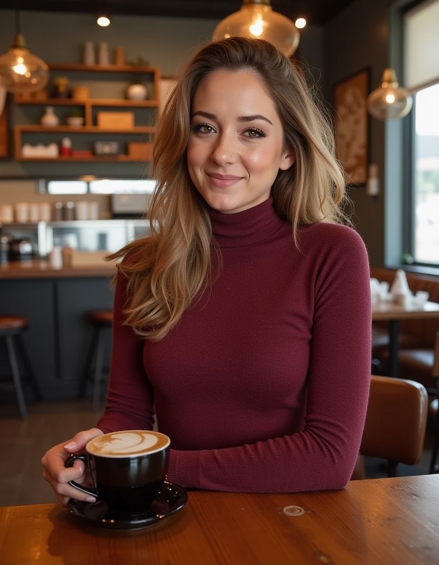 <lora:Remy_Lacroix_Flux:1> realistic photo of remylacroix wearing a turtleneck sweater dress in a cafe having a coffee