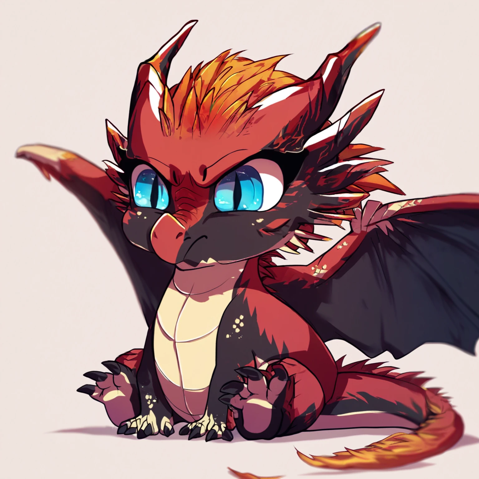 score_9, score_8_up, score_7_up, source_furry, digital art,
female,dragon,feral,chibi, solo,angry,cute,simple background,
baby,cub,sitting,
 <lora:Pyrrah:1>  pyrrah, dragon, horns, wings, tail, scales, scalie, red scales,black scales, black wings,