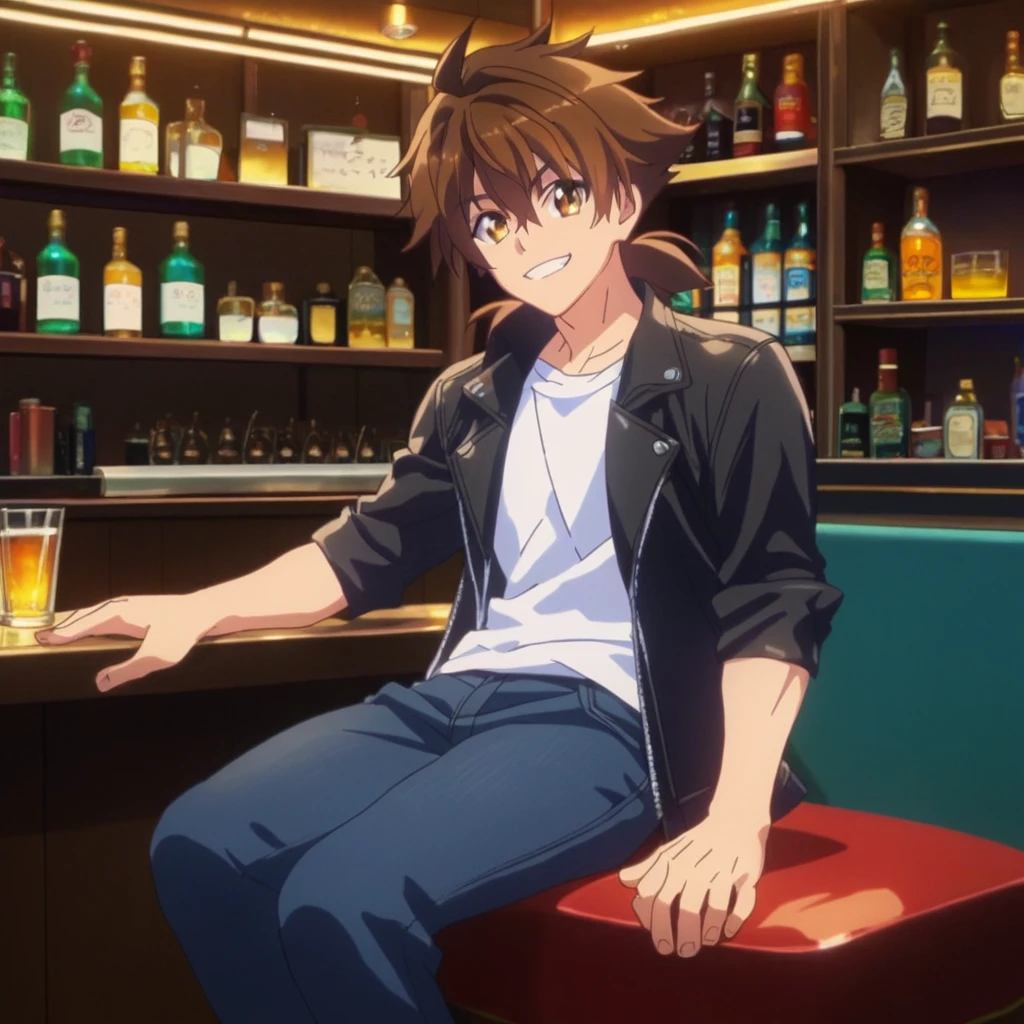 score_9, score_8_up, score_7_up, source_anime, BREAK, issei_hyoudou, brown hair, brown eyes, hair between eyes, fit body, 1boy, solo, White t-shirt, black leather jacket, blue jeans, white sneakers, sitting, bar, looking at viewer, smiling,