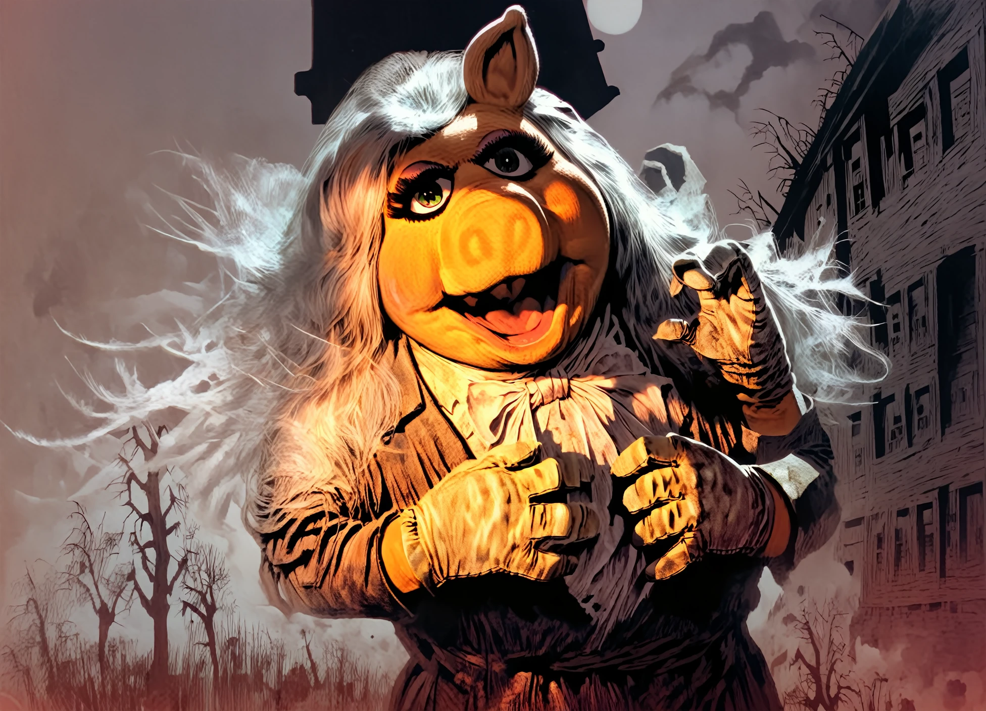 <lora:larry-brent_pony_v2:1> a cover of a larry brent novel,illustration \(genre\),pulp art \(style\)  solo,  macabre,spooky, horror \(theme\)   <lora:Miss_Piggy_Pony:1> uncensored, gloves, miss piggy, score_9, score_6_up, score_7_up