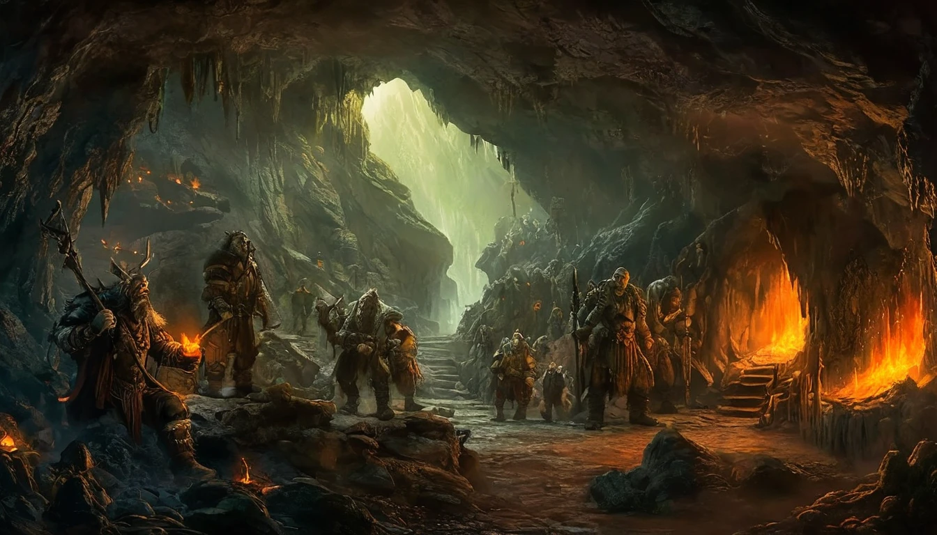 The image captures the intricate and mysterious world of the Orcs, a race known from various fantasy stories and games. The viewer's perspective is from within the cave, providing an intimate look into their underground home. The Orcs themselves are depicted in various scenes throughout the cave, engaging in daily activities such as hunting, cooking, and socializing. Their rugged features and tribal attire are characteristic of their species, adding a sense of realism to this fantastical scene. The artistic style leans towards realism with a touch of fantasy, creating a harmonious blend between reality and imagination. The background reveals the vastness of the cave system, filled with stalactites and stalagmites that stretch into the distance. This adds depth to the image, making it appear almost three-dimensional. Despite being a work of art, one can almost hear the echoing sounds of the Orcs' conversations and feel the warmth of their fires burning deep within the cavern., score_9, score_9_up, lotr, hoblotr,