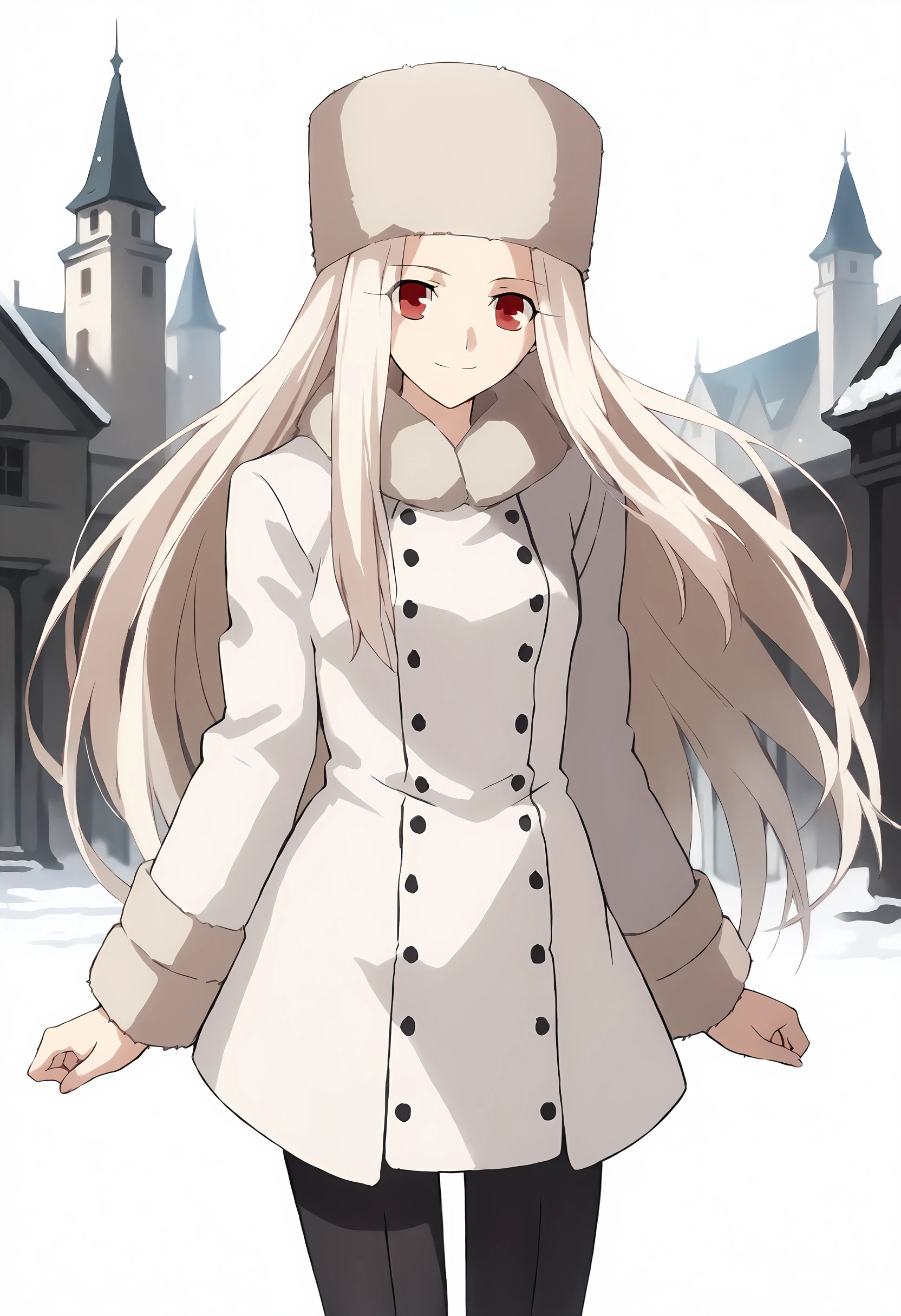 score_9, score_8_up, score_7_up, source_anime ,  <lora:Irisviel von Einzbern pony2:1>, irisviel von einzbern, 1girl, solo, hat, pantyhose, long hair, red eyes, fur hat, coat, white hair, smile