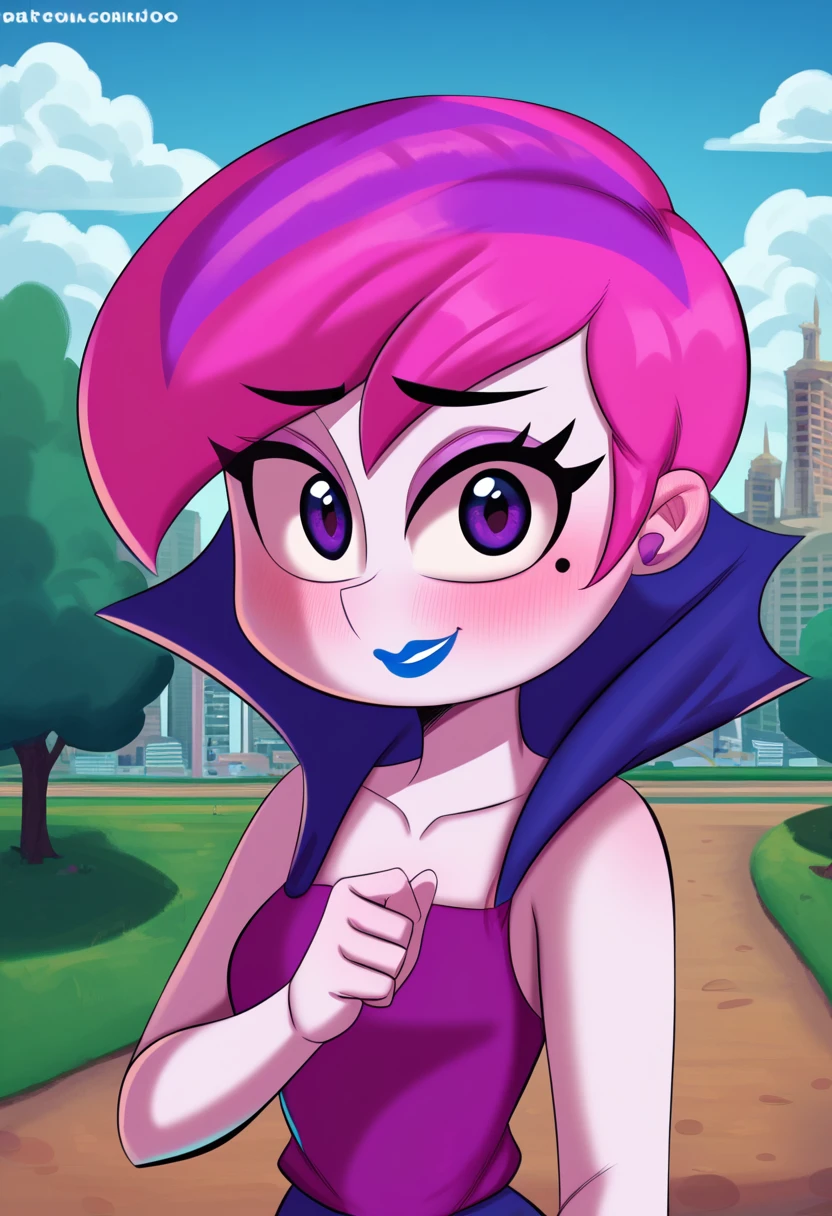 zPDXL, score_9,score_8_up,score_7_up,_up, best quality, amazing quality, masterpiece, 1girl, looking at viewer, solo, fullbody, cute, blush, <lora:HildyGloom:1>, hildy gloom, pink-purple hair, short hair , makeup, blue lipstick , mole under eye, pale skin, blue sky,city, park, skyline, contour_deepening,depth of field, huge filesize,wallpaper,background,(flat color),totodraw, <lora:TotoDraw:1>