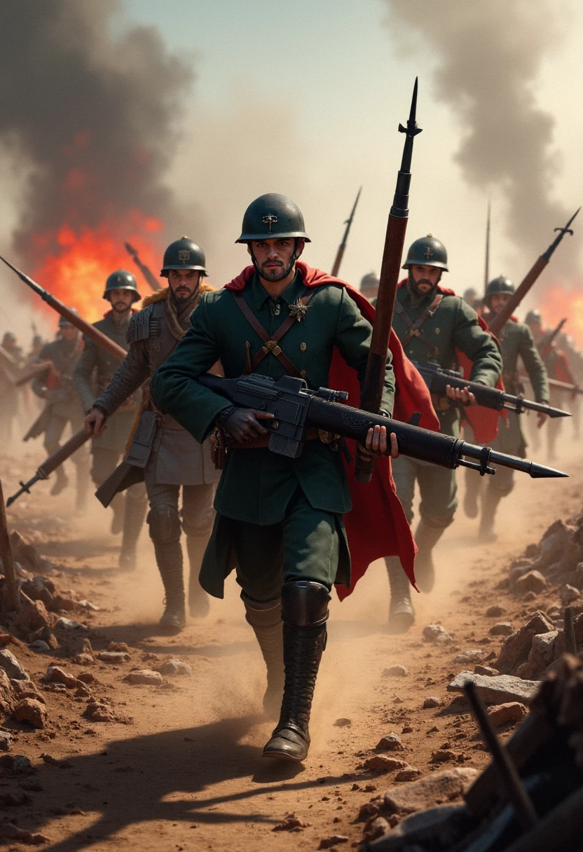 In a photorealistic image, envision Imperial Guard soldiers in mid-bayonet charge, lasguns raised high as they rush toward an enemy position. The intensity of the charge is captured in the determined looks on their faces, the dust kicked up by their boots, and the harsh light reflecting off their bayonets. The battlefield around them is littered with debris, smoke rising from craters as the soldiers surge forward, red beams from lasguns illuminating the chaotic scene.