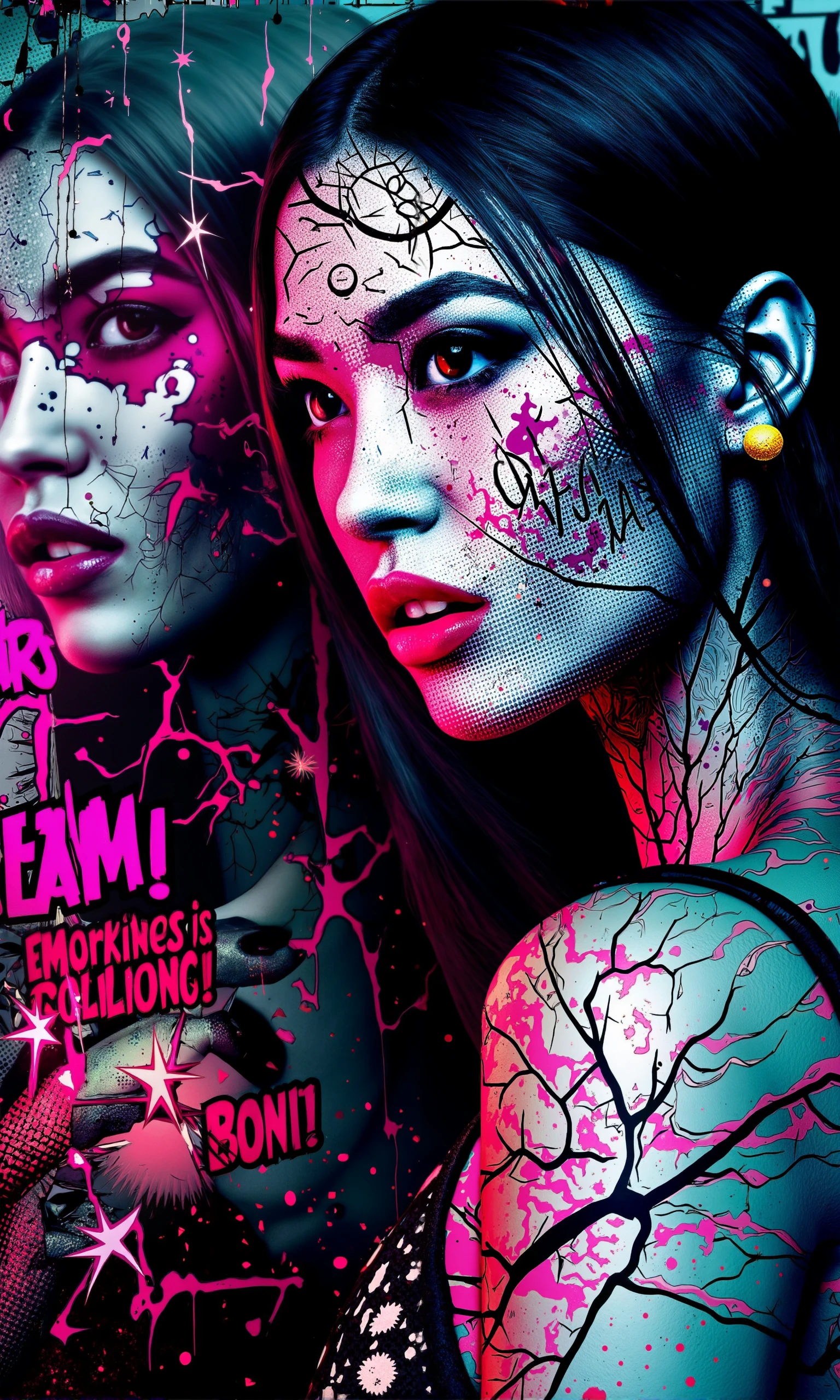 An avant-garde, award-worthy comic-style close-up of an Asian woman standing in front of an enormous shattered mirror, her face split between stark vulnerability and unstoppable strength. Her skin, rendered in an intricate comic-skin style, is covered in shimmering halftone patterns and swirling neon inks that blend like liquid metal, each layer reflecting the tension between chaos and control. The colors—deep violets, acidic greens, and blinding neon pinks—pulse with energy, as if her very being is vibrating with power.

Her expression is haunting and intense, her dark eyes locking onto the viewer with an emotion that can’t be defined—part longing, part defiance. One tear rolls down her cheek, but it isn’t water; it’s liquid gold, dripping in slow motion, defying gravity. Her lips, painted in glowing crimson, are slightly parted, as if she’s on the edge of speaking but holding back a secret the world isn’t ready to hear.

Behind her, the shattered mirror reflects fragmented versions of herself, each piece a different expression—rage, sorrow, triumph—splintering into infinity. In some shards, her body is broken into glitching fragments, dissolving into colorful halftone dots that spill out into the air, while other shards show a warped, hyperreal version of her face, distorted like an echo of different realities colliding.

Speech bubbles are scattered, but they don’t shout—they whisper, poetic and cryptic: 'I AM THE FLUX,' floats in delicate white script, as though written in the air. Another says, 'EVERYTHING BREAKS BEFORE IT BENDS,' in sharp, fragmented letters that crackle like static. The background is an abstract explosion of shattered glass, swirling galaxies, and bold comic onomatopoeia—'CRACK!' and 'BOOM!'—fading into delicate brushstrokes of paint, as though the world itself is caught between two dimensions: the chaotic comic book universe and the elegance of high art.

Her body language is powerful yet calm, her hand delicately raised as if she’s holding reality together by sheer will. The word 'CIVITAI' floats above her in holographic letters, flickering and reforming, as if struggling to stay intact in the fractured space.

This image is more than just a comic—it’s a metaphor for identity, fragmentation, and transformation. Every element, from the liquid gold tear to the shattered mirror reflecting infinite versions of herself, tells a story of breaking, healing, and redefining. It’s a piece that blends comic-book aesthetics with the haunting beauty of surrealism and the raw intensity of digital art