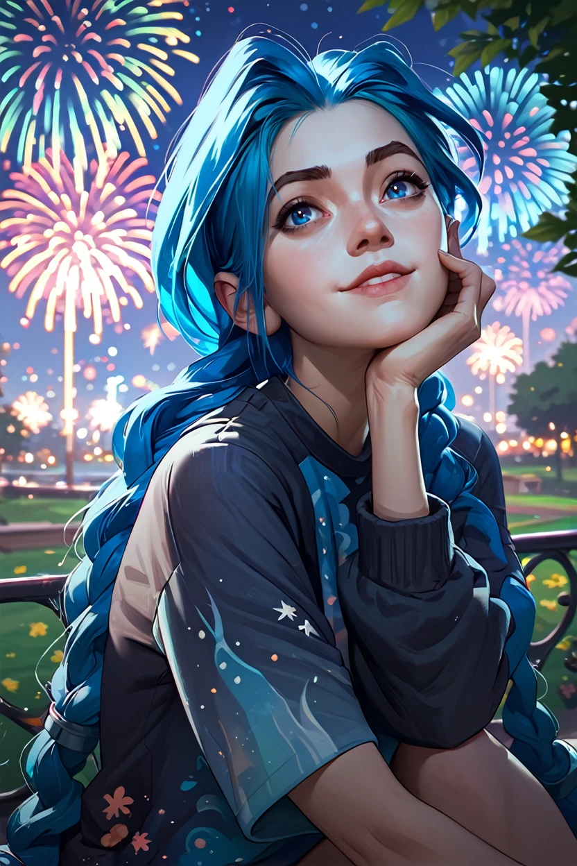 score_9, score_8_up, score_7_up, score_6_up
<lora:AJinx:0.8>
AJinx, 1girl, blue hair, twin braids, blue eyes, long hair, looking at viewer, sitting, at night, fireworks, park, looking up, smile