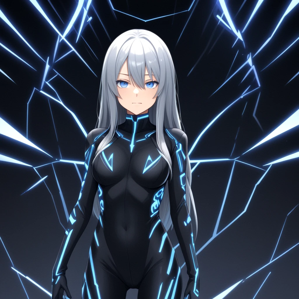 (2d anime style, thin lines, flat colors:1.5), sexy 28yo lady with very long silver hair, wearing a sci-fi led lit fractal pattern bodysuit, blue lines on black outfit, questioning look, in doubt, facial expression