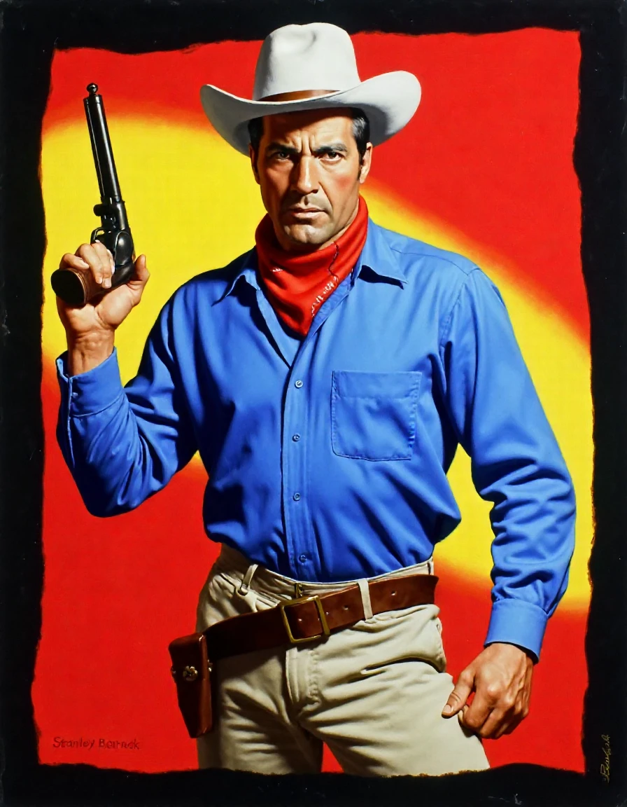 The image is a painting by StanleyBorack of a man in a cowboy outfit, holding a gun in his right hand. He is wearing a blue shirt and a white cowboy hat with a red bandana around his neck. The man has a serious expression on his face and is looking directly at the camera. The background is a red and yellow gradient, with a black outline. The painting is done in a realistic style, with bold brushstrokes and vibrant colors. The overall mood of the image is intense and dramatic.
<lora:StanleyBorack_000002000:1>