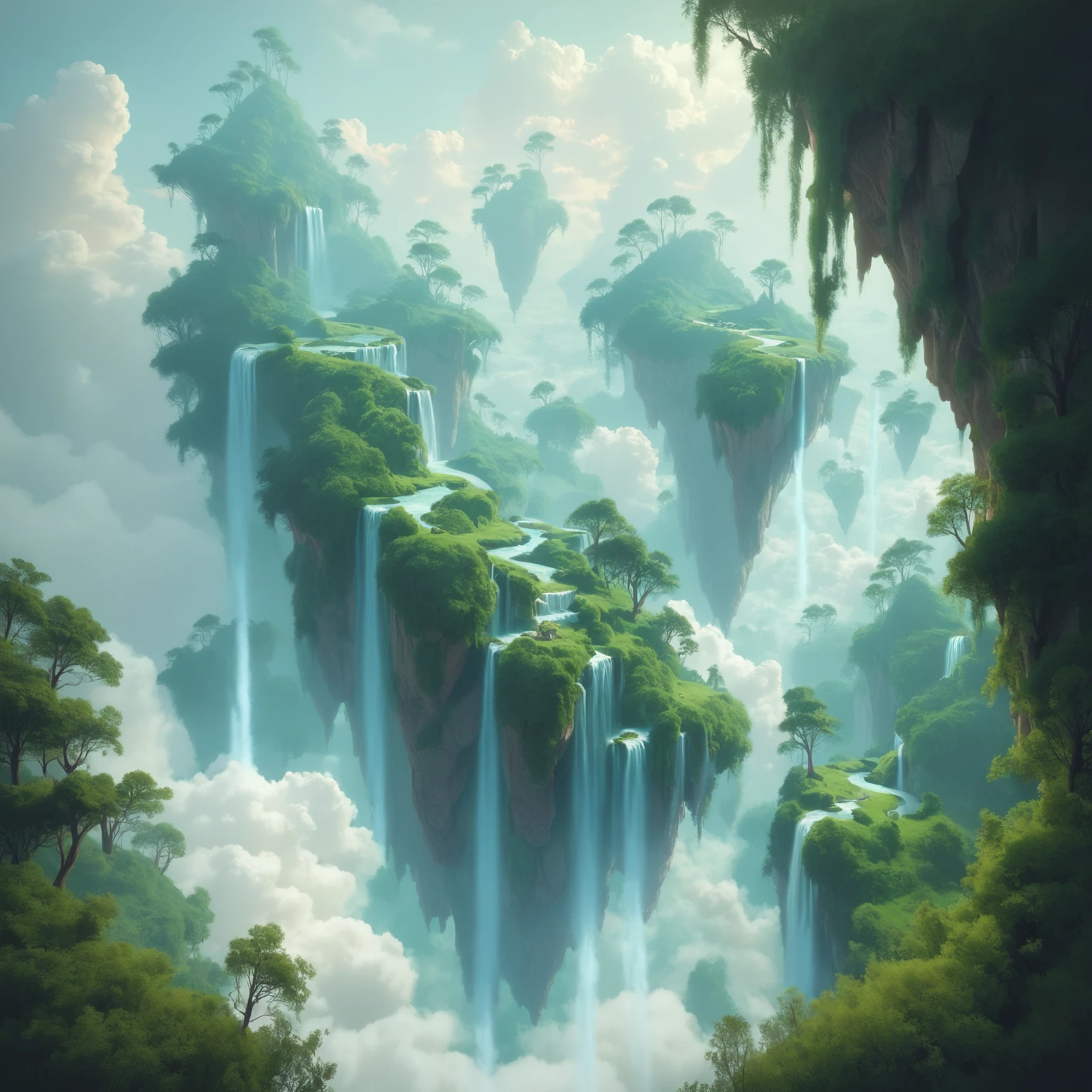 many floating islands, forest, waterfalls, clouds, <lora:elemental_plane_of_air_pony:1>, elementalplaneair, BREAK score_9, score_8_up, score_7_up, best quality, masterpiece, 4k, prefect lighting, very aesthetic, zPDXL