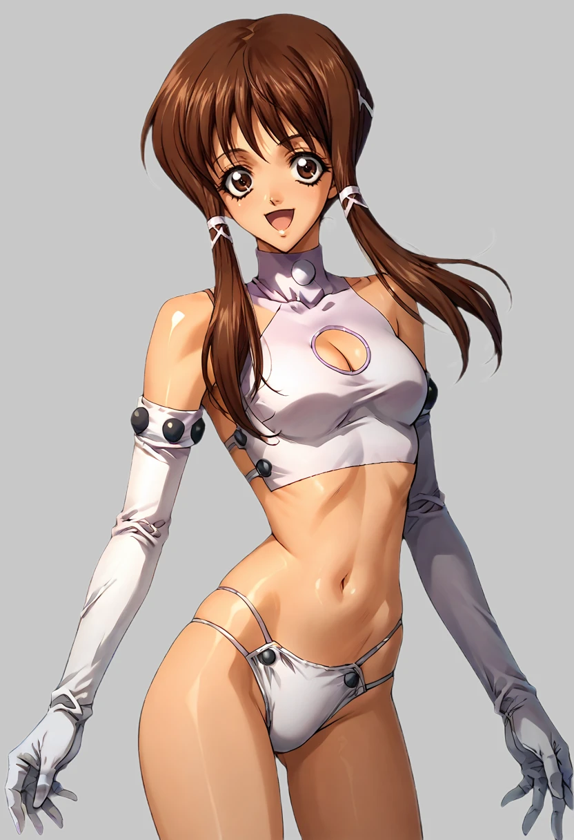 score_9, score_8_up, score_7_up, source_anime BREAK 1girl, solo, daphne_maia, (1990s\(style)\:0.75), cowboy shot, white turtleneck, cleavage cutout, navel, detached sleeves, white gloves, white panties, brown hair, short hair with long locks, bangs, hair ornament, brown eyes, looking at viewer, smile, open mouth, simple background <lora:daphne_maia:1> <lora:cnv3mdde878c738thn20:0.7>