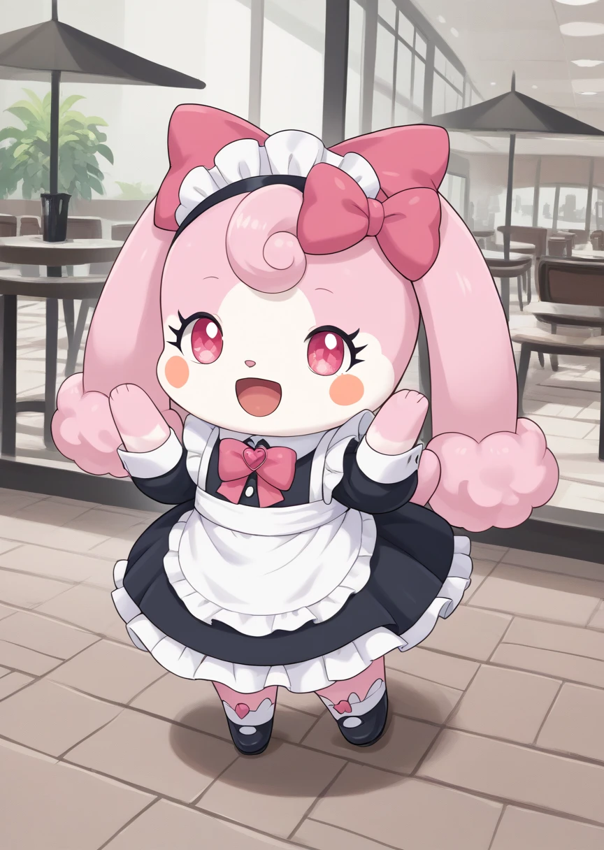 score_9, score_8_up, score_7_up, score_6_up, score_5_up, BREAK
source_anime, source_furry, Melory, solo, smile, open mouth, bow, standing, full body, open eyes, :d, hair bow, heart, no humans, cafe, blush stickers, happy, pink bow, maid dress, maid headdress, dynamic pose, 