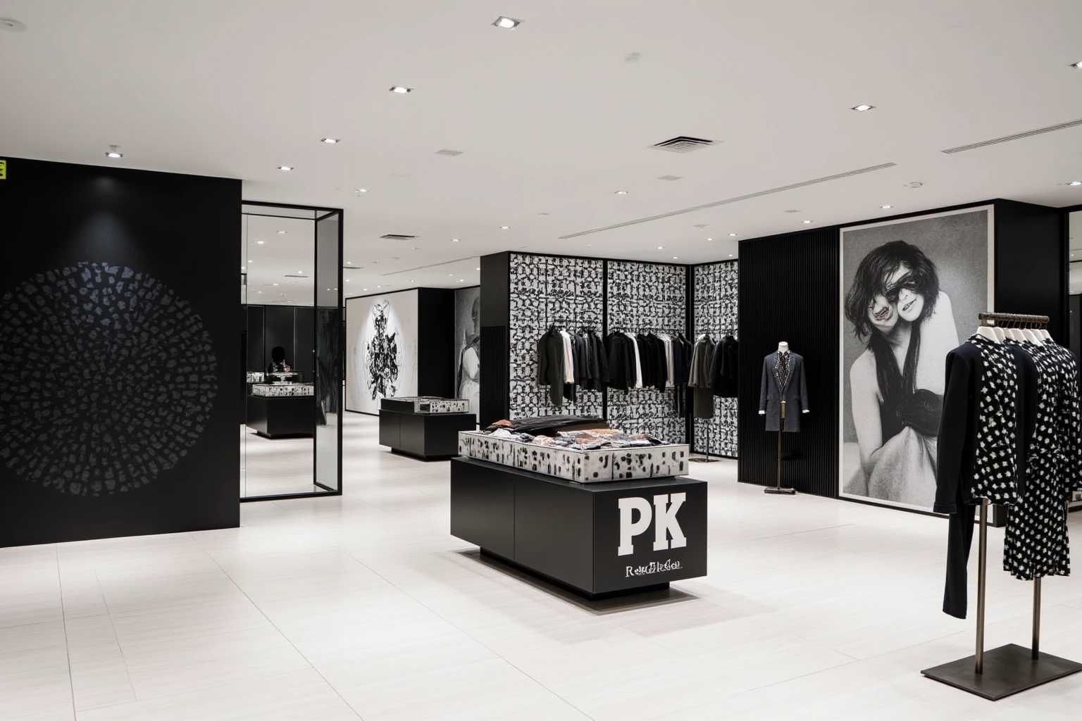 fashion cloths,A modern clothing store with modern elements, black and white theme, white tile floor, and decorative artwork with punk elements