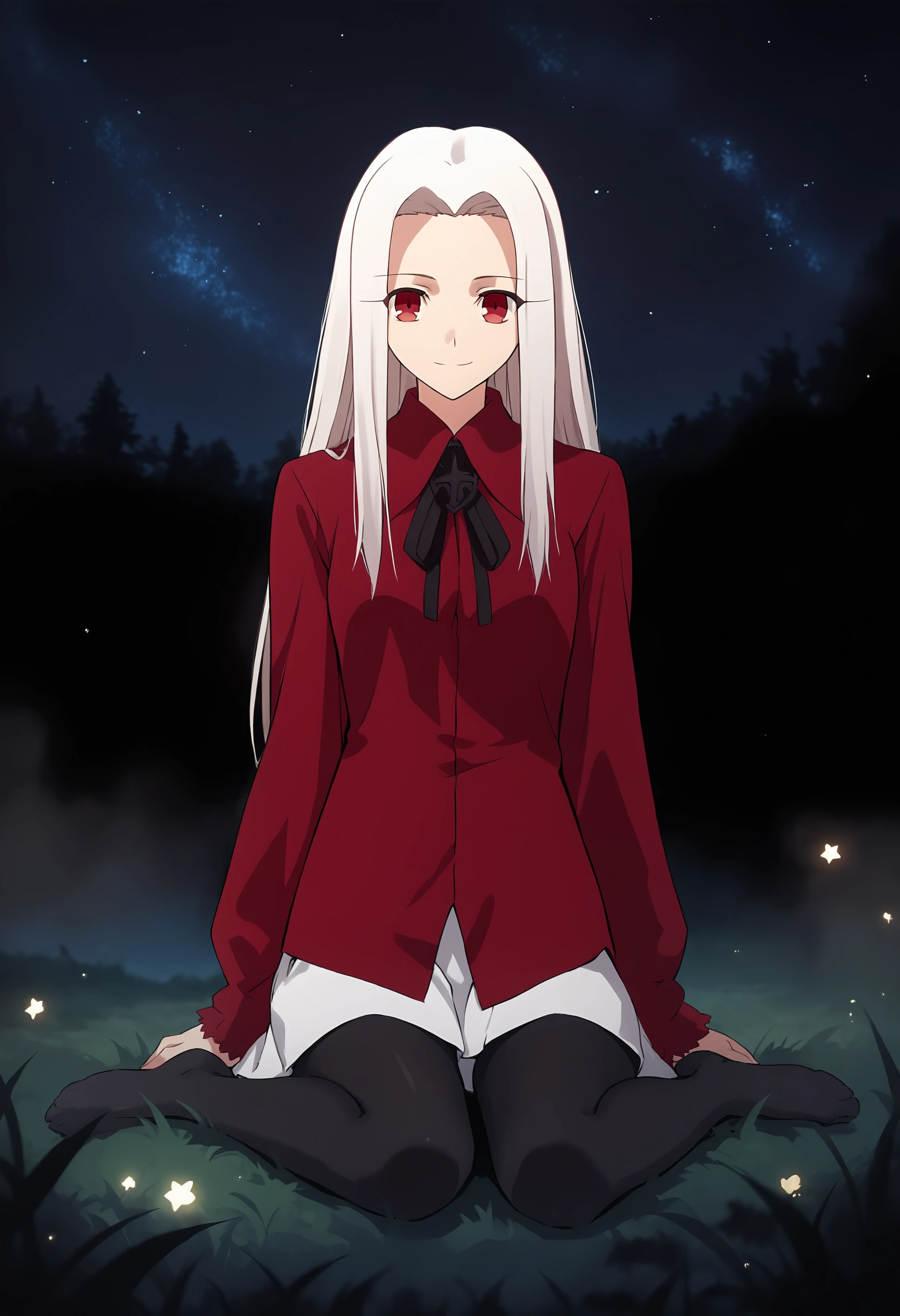 score_9, score_8_up, score_7_up, source_anime , <lora:Irisviel von Einzbern pony2:0.8>, , irisviel von einzbern, white skirt, red shirt, shirt, long sleeves, 1girl, solo, long hair, red eyes, white hair,  pantyhose, thighhighs, skirt, smile, looking at viewer, night, starry sky,  black fog, smile, sitting, naked legs, sitting on the grass