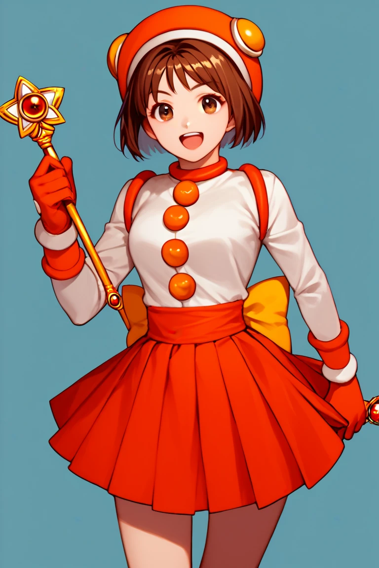 score 9, score 8 up, score 7 up, clarahananokouji, 1girl, solo, smile, short hair, skirt, brown hair, shirt, gloves, long sleeves, hat, bow, holding, brown eyes, open mouth, white shirt, cowboy shot, red skirt, magical girl, red gloves, wand, holding wand