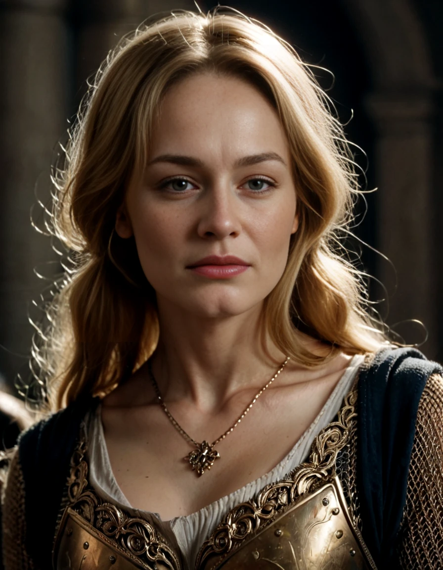 score_9_up,score_8_up,score_7_up,realistic,<lora:Éowyn:1>,eowyn,1girl,blonde hair,looking at viewer,armor,necklace,