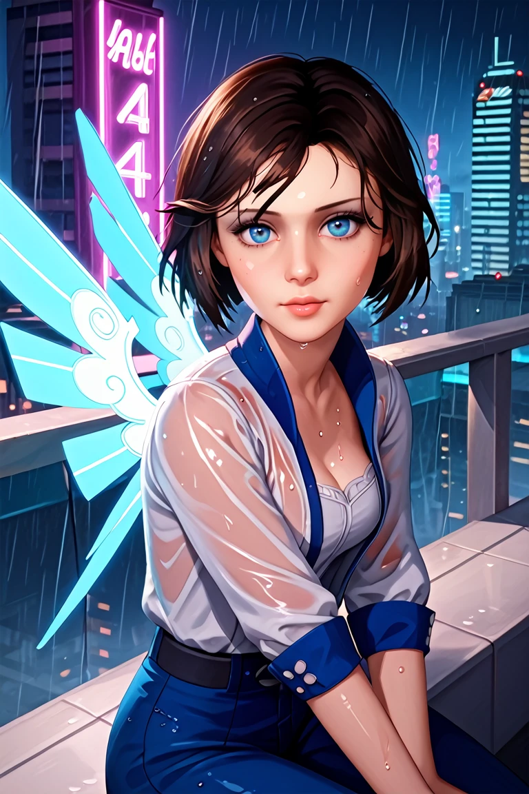 score_9, score_8_up, score_7_up, score_6_up, score_5_up, score_4_up
<lora:BioshockElizabeth:1.0>
BioshockElizabeth, 1girl, brown hair, blue eyes, looking at viewer, with glowing white wings, hyperrealistic, dark cyberpunk cityscape, neon lights, sitting on a rooftop, rain, dramatic lighting, detailed, atmospheric, introspective, high contrast, realistic wet textures, water reflections, glistening surfaces, detailed rain effects, wet clothing and hair