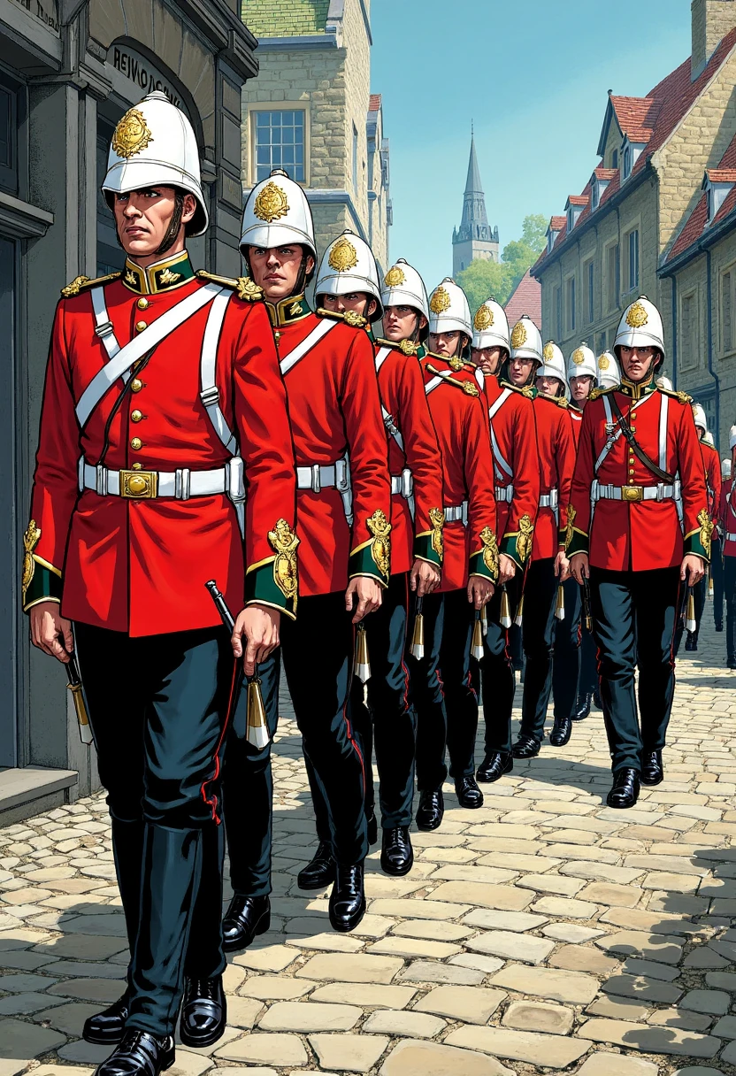 In a graphic novel style comic, imagine a column of Welsh Guard soldiers, proudly marching in perfect formation through a cobblestone street, their bright red coats standing out vividly against the gray surroundings. The soldiers’ brass buttons glint in the sunlight, their tall bearskin hats towering above their stern expressions. The background features a historic town with stone buildings, blurred slightly to emphasize the precise, synchronized steps of the soldiers as they move with rigid discipline, bayonets gleaming in the light.