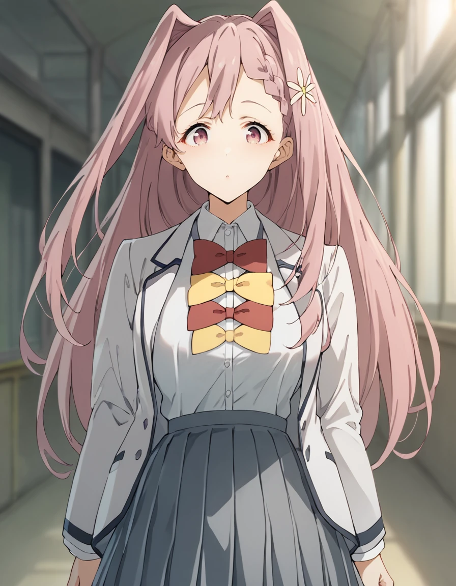 score_9, score_8_up, score_7_up, source_anime, BREAK
1girl, solo, looking at viewer, blurry background,
<lora:karen_himemiya_anime-soralz:1>,
karen himemiya, pink hair, long hair, hair intakes, braid, hair ornament, pink eyes, sidelocks,
winter school uniform, white blazer, white collared shirt, long sleeves, red bow, yellow bow, open blazer, grey pleated skirt,